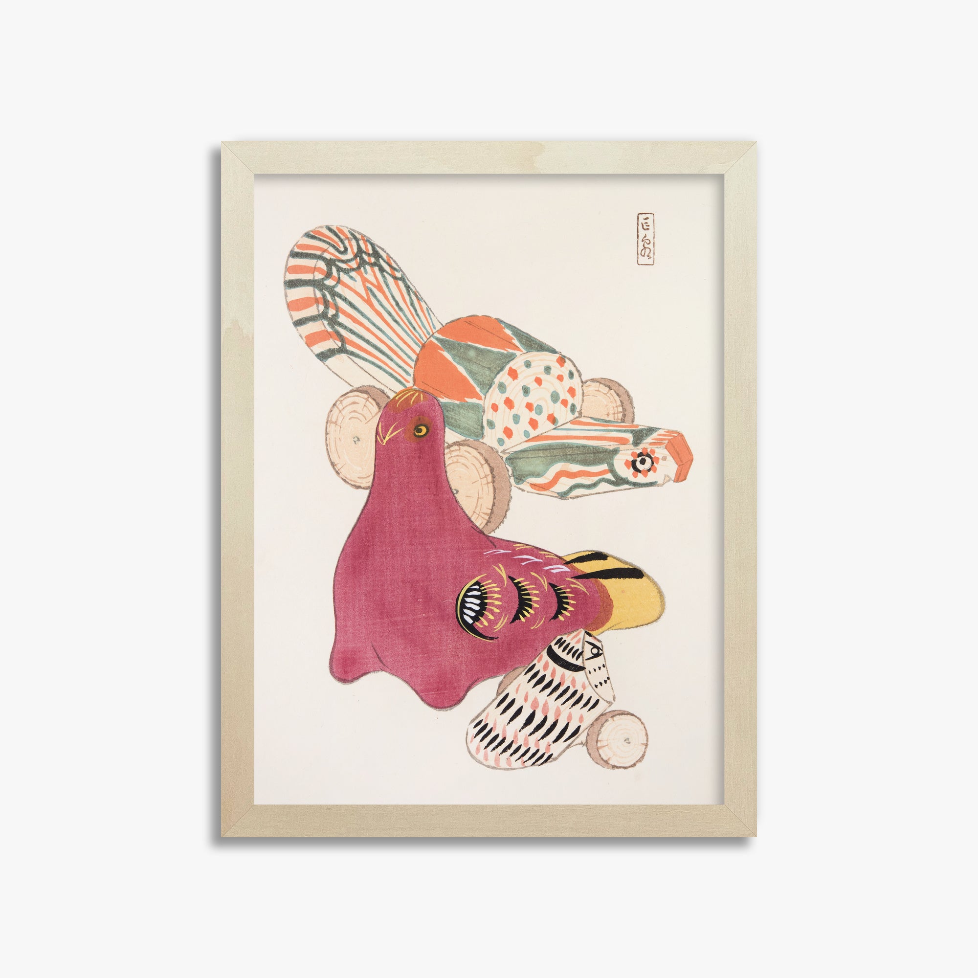 Kawasaki Kyosen: Kyosen’s Collected Illustrations of Japanese Toys Nr. 6 ("Patchwork Bird"), 30x40cm Framed Art Reproduction With Lime Wood Frame