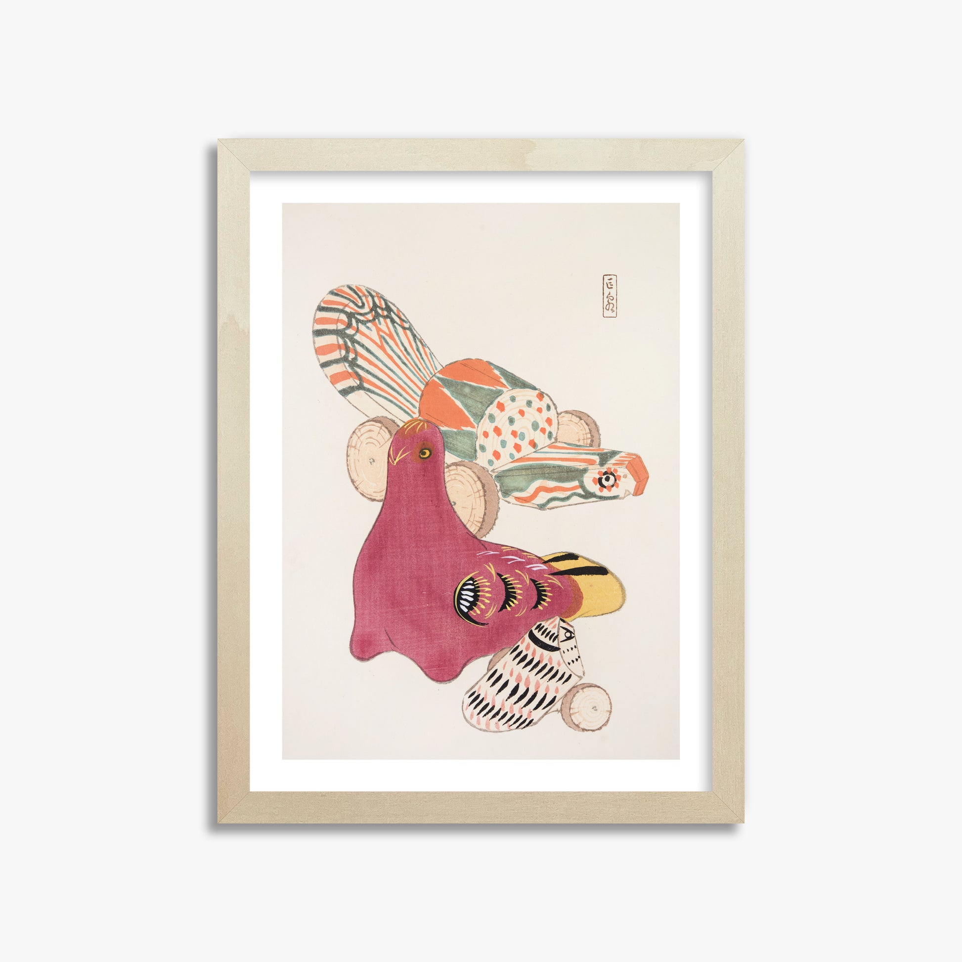 Kawasaki Kyosen: Kyosen’s Collected Illustrations of Japanese Toys Nr. 6 ("Patchwork Bird"), 30x40cm Framed Art Reproduction With Lime Wood Frame