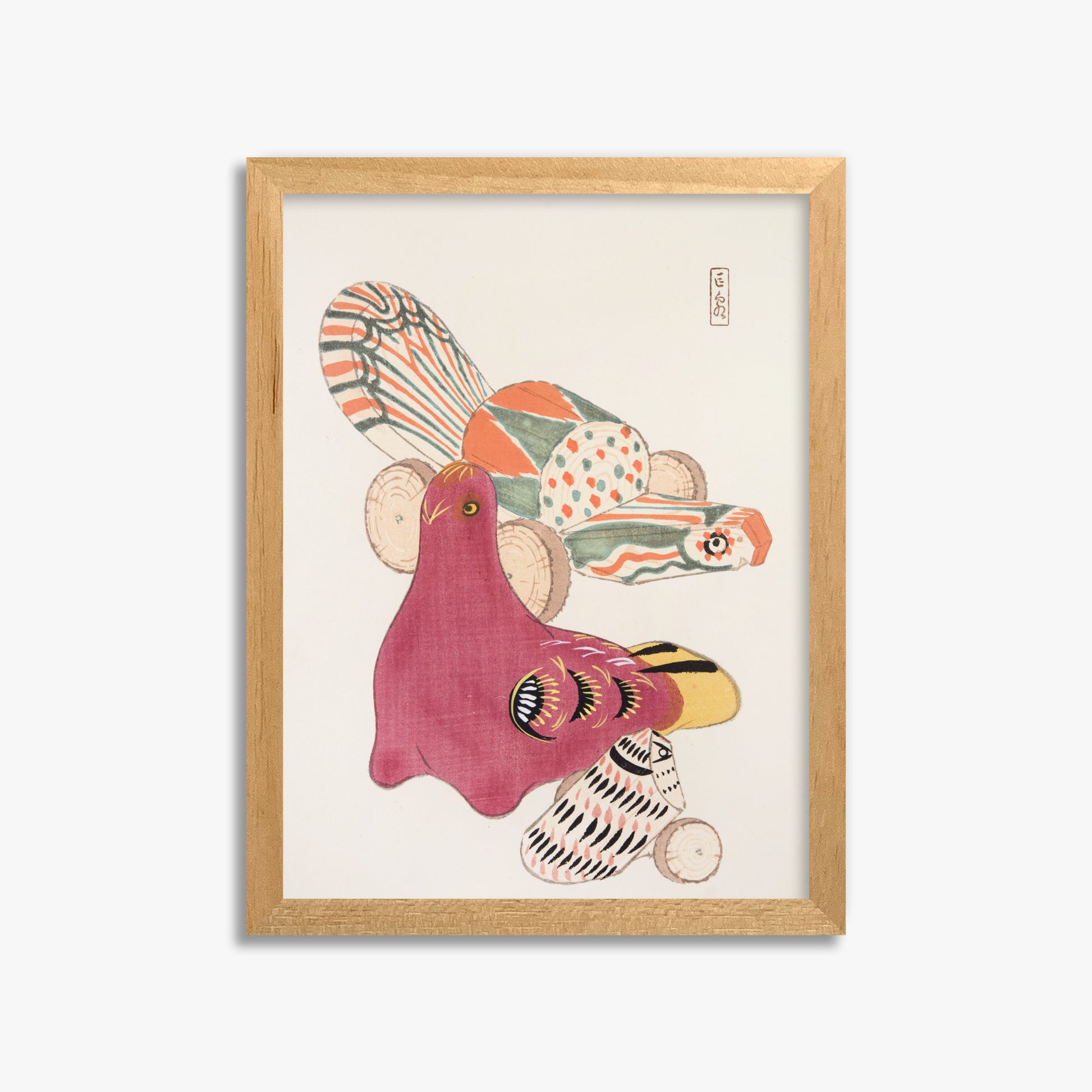 Kawasaki Kyosen: Kyosen’s Collected Illustrations of Japanese Toys Nr. 6 ("Patchwork Bird"), 30x40cm Framed Art Reproduction With Oak Frame