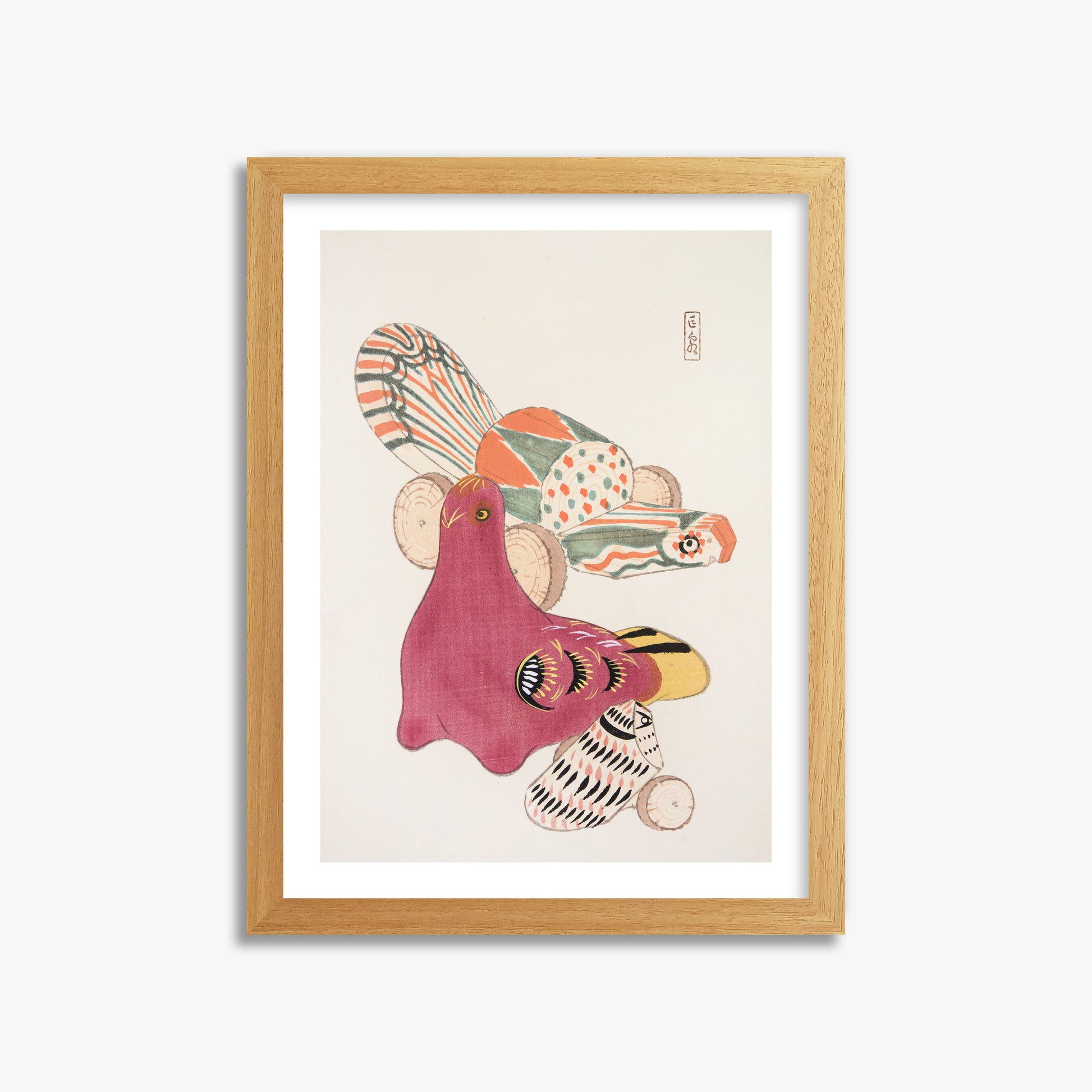 Kawasaki Kyosen: Kyosen’s Collected Illustrations of Japanese Toys Nr. 6 ("Patchwork Bird"), 30x40cm Framed Art Reproduction With Oak Frame