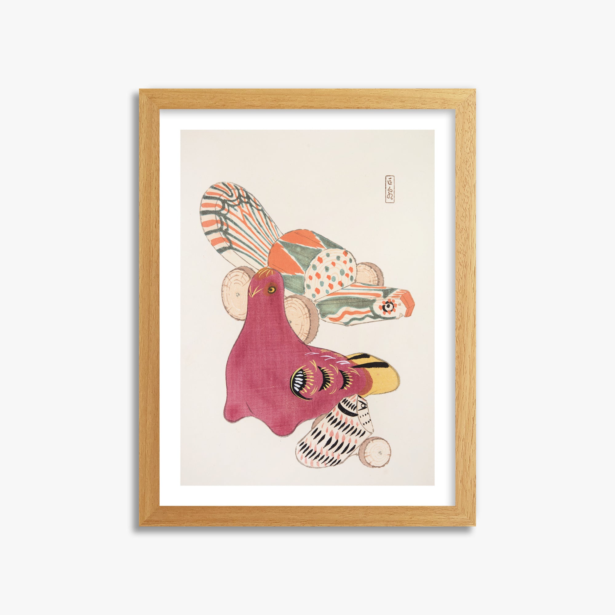 Kawasaki Kyosen: Kyosen’s Collected Illustrations of Japanese Toys Nr. 6 ("Patchwork Bird"), 30x40cm Framed Art Reproduction With Oak Frame