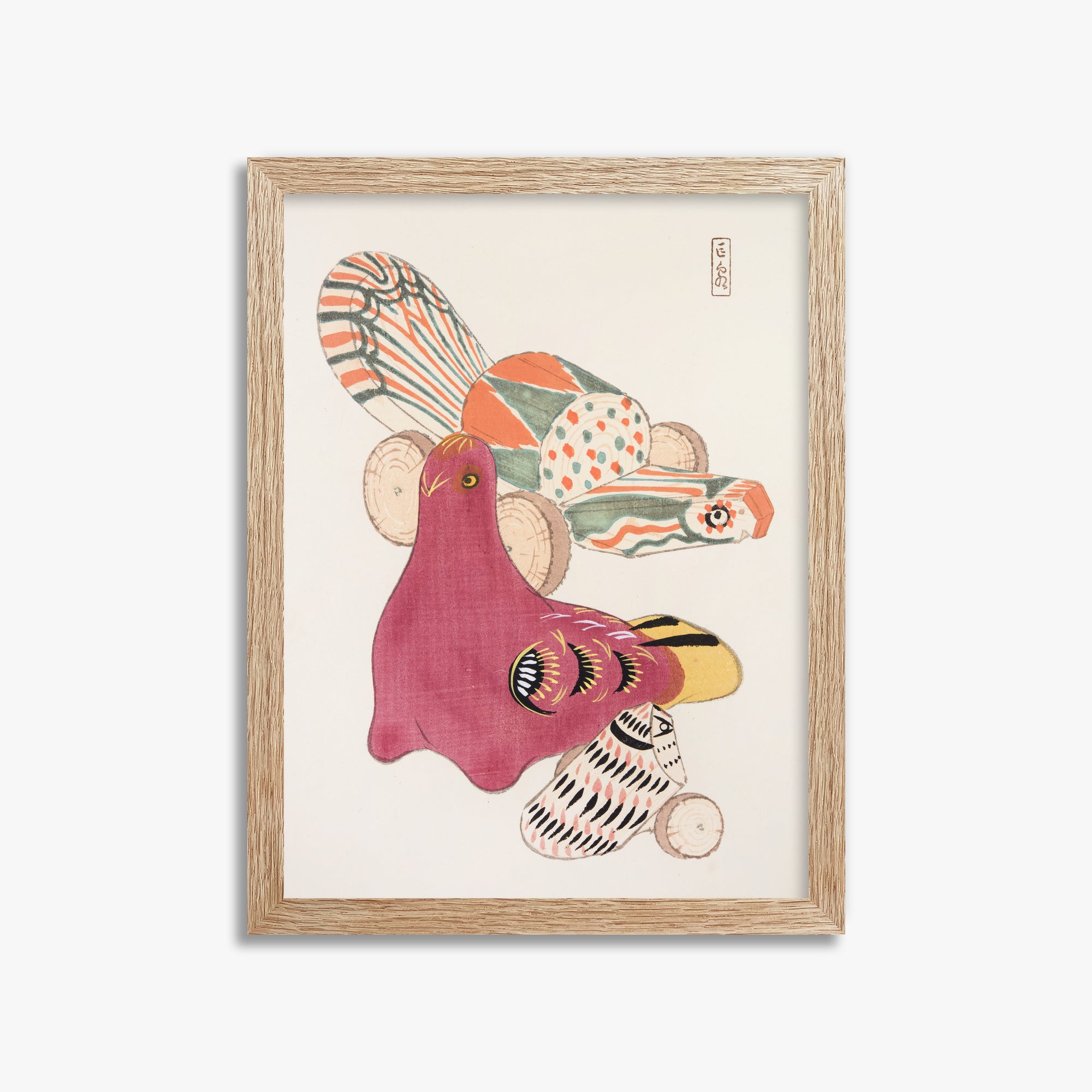 Kawasaki Kyosen: Kyosen’s Collected Illustrations of Japanese Toys Nr. 6 ("Patchwork Bird"), 30x40cm Framed Art Reproduction With Raw Oak Frame