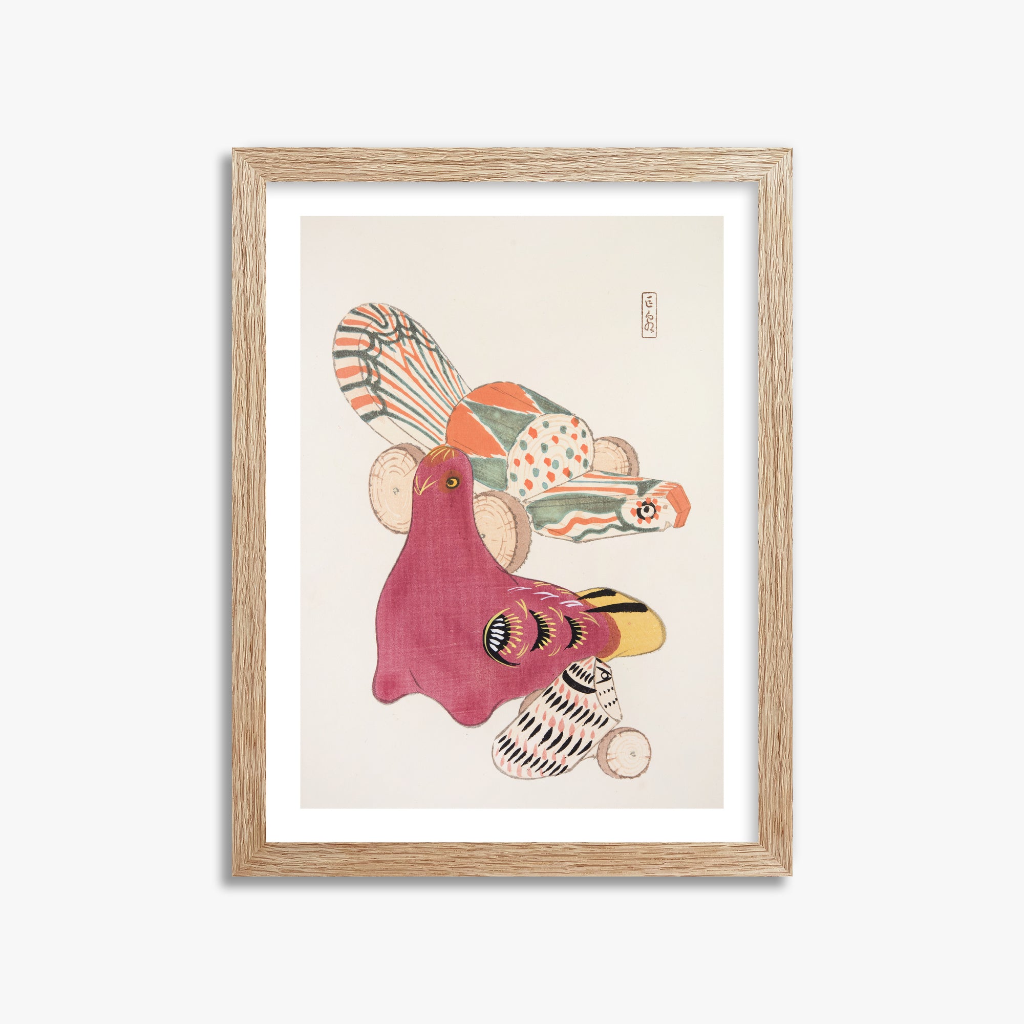Kawasaki Kyosen: Kyosen’s Collected Illustrations of Japanese Toys Nr. 6 ("Patchwork Bird"), 30x40cm Framed Art Reproduction With Raw Oak Frame