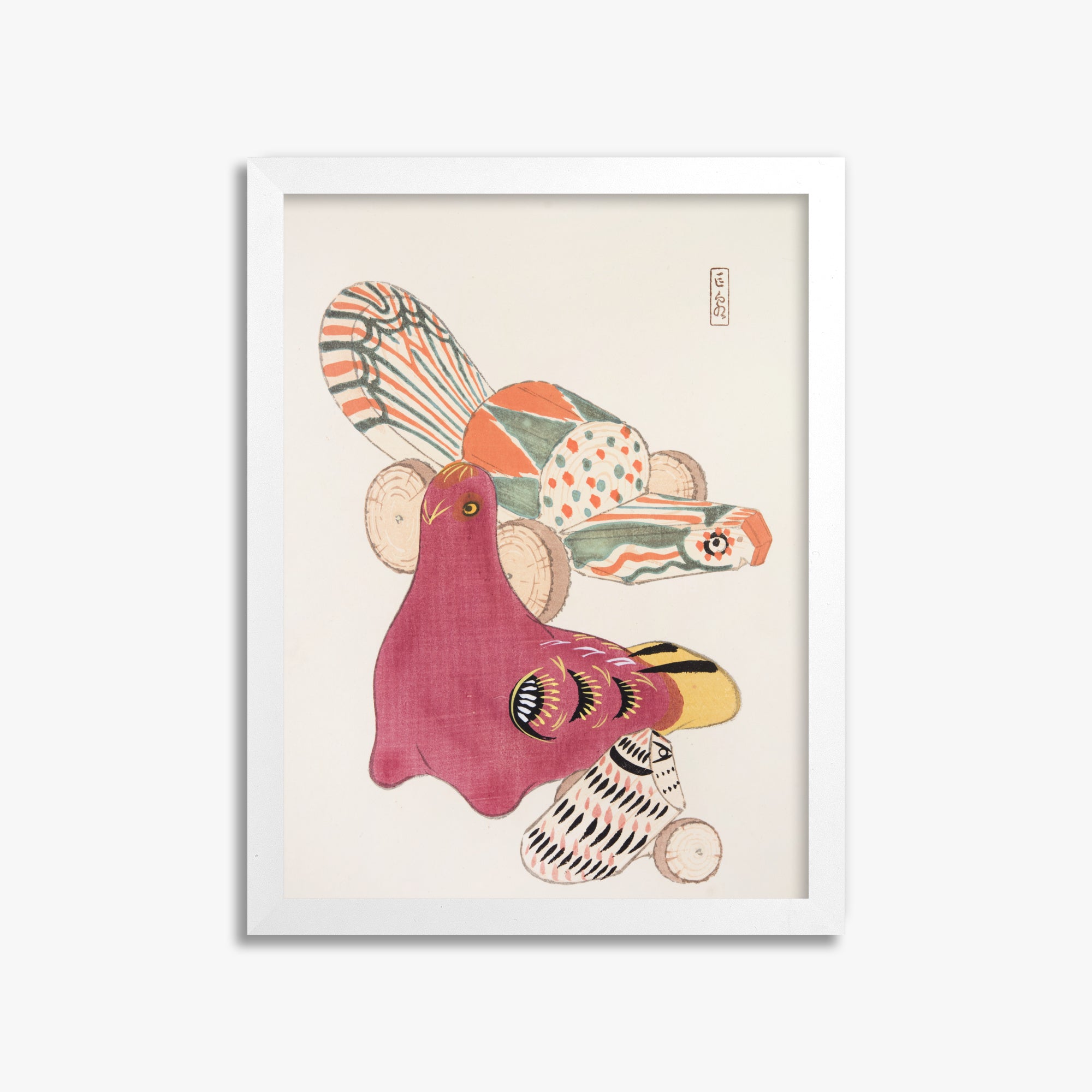 Kawasaki Kyosen: Kyosen’s Collected Illustrations of Japanese Toys Nr. 6 ("Patchwork Bird"), 30x40cm Framed Art Reproduction With White Frame