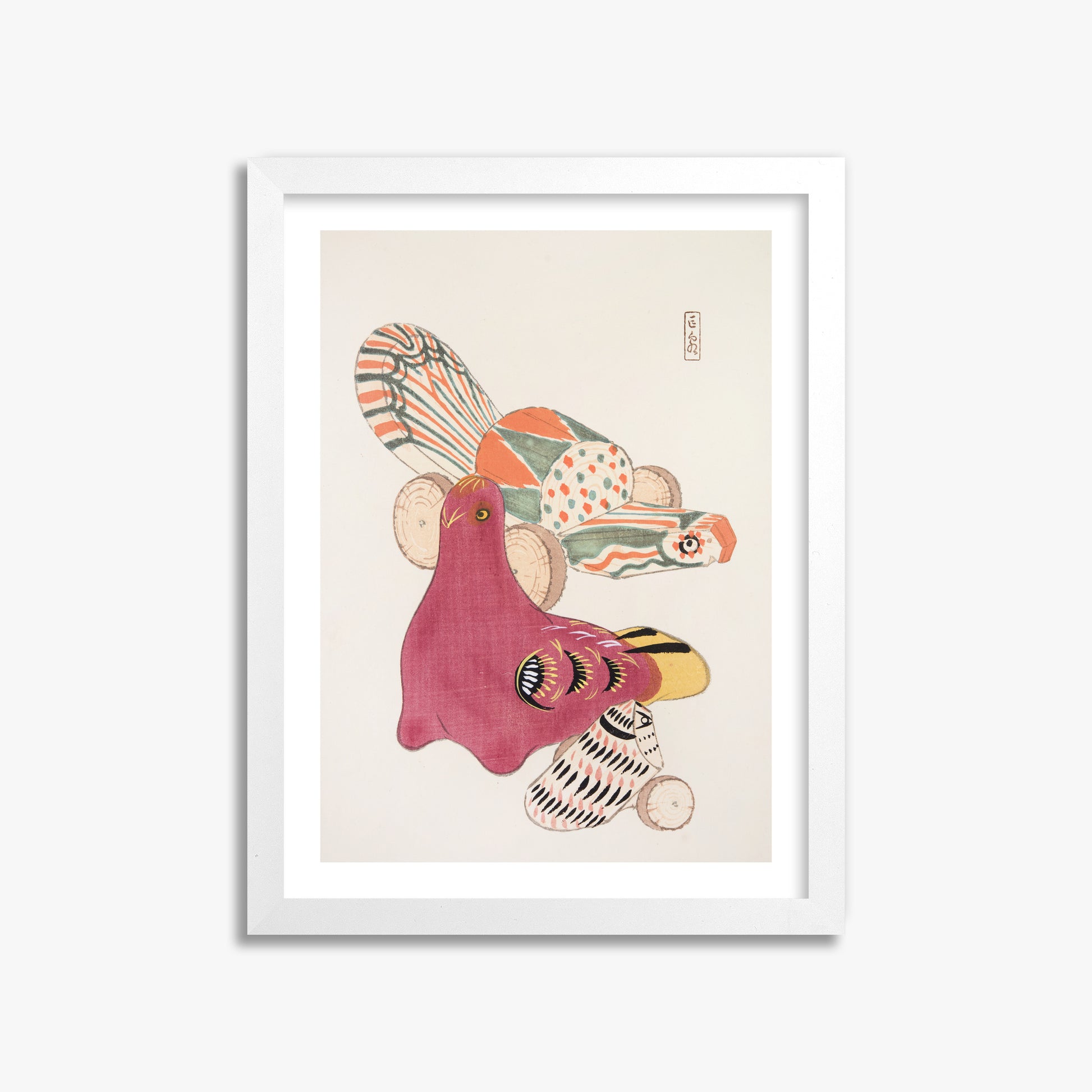 Kawasaki Kyosen: Kyosen’s Collected Illustrations of Japanese Toys Nr. 6 ("Patchwork Bird"), 30x40cm Framed Art Reproduction With White Frame