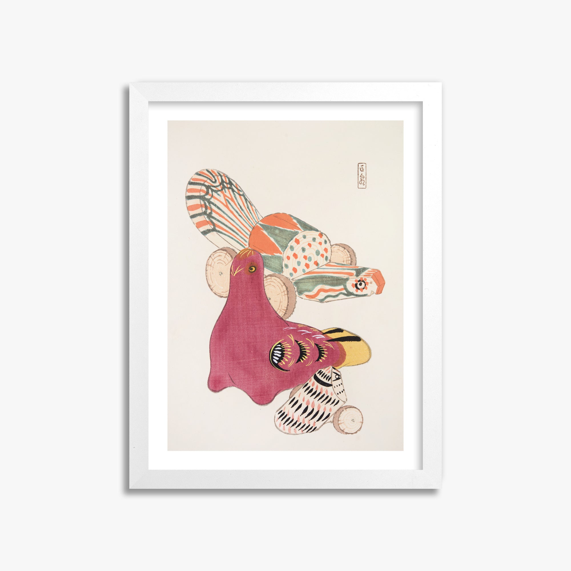 Kawasaki Kyosen: Kyosen’s Collected Illustrations of Japanese Toys Nr. 6 ("Patchwork Bird"), 30x40cm Framed Art Reproduction With White Frame
