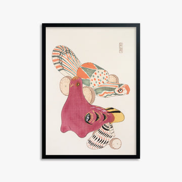 Kawasaki Kyosen: Kyosen’s Collected Illustrations of Japanese Toys Nr. 6 ("Patchwork Bird"), 50x70cm Framed Art Reproduction With Black Frame