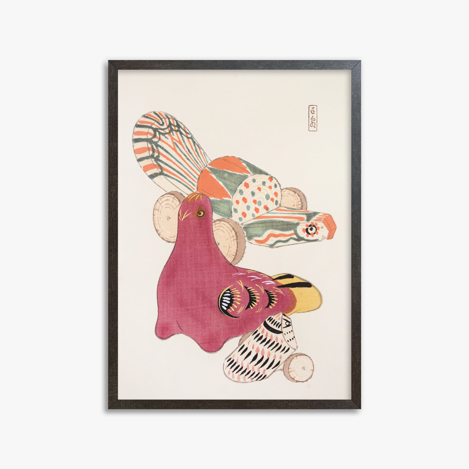 Kawasaki Kyosen: Kyosen’s Collected Illustrations of Japanese Toys Nr. 6 ("Patchwork Bird"), 50x70cm Framed Art Reproduction With Espresso Frame
