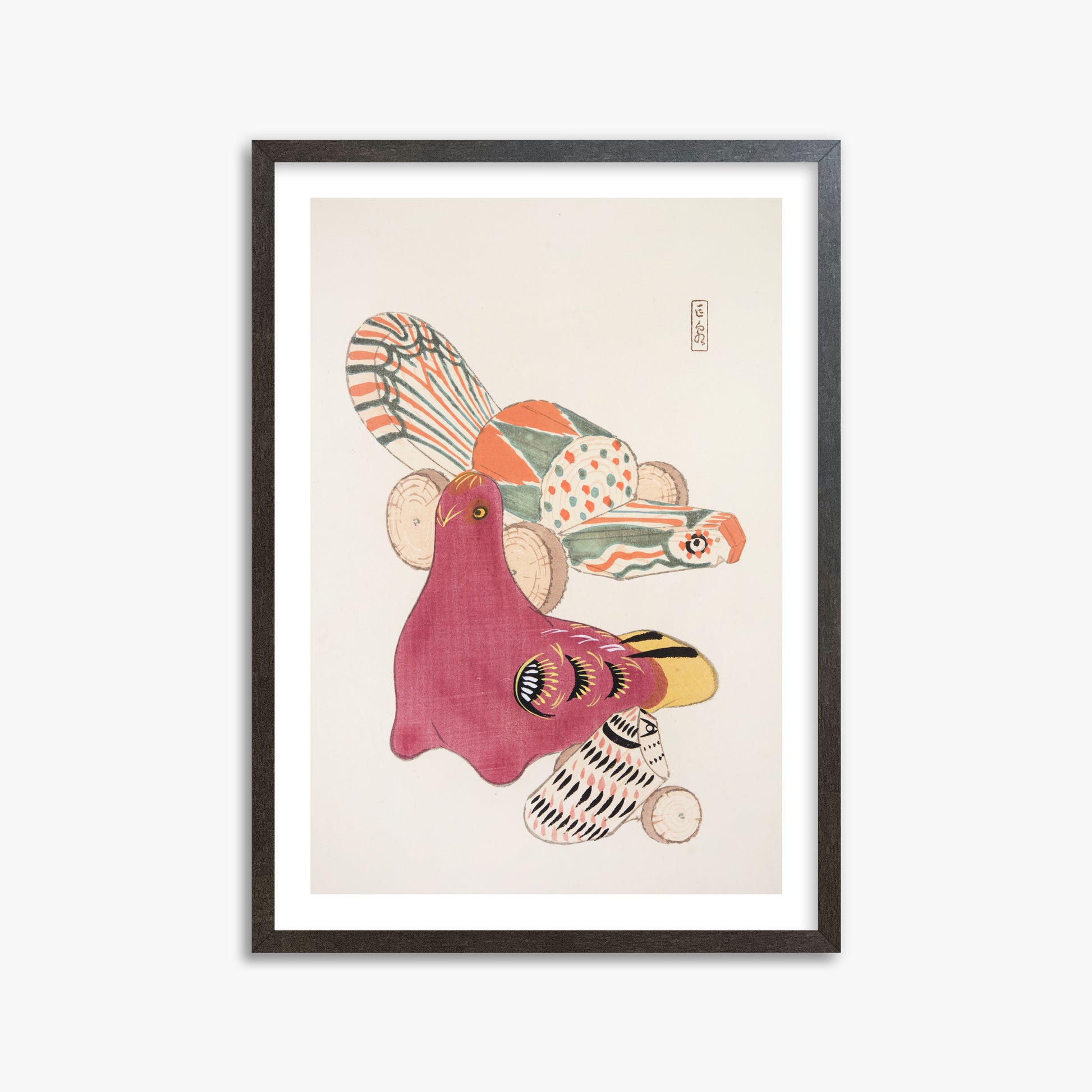 Kawasaki Kyosen: Kyosen’s Collected Illustrations of Japanese Toys Nr. 6 ("Patchwork Bird"), 50x70cm Framed Art Reproduction With Espresso Frame