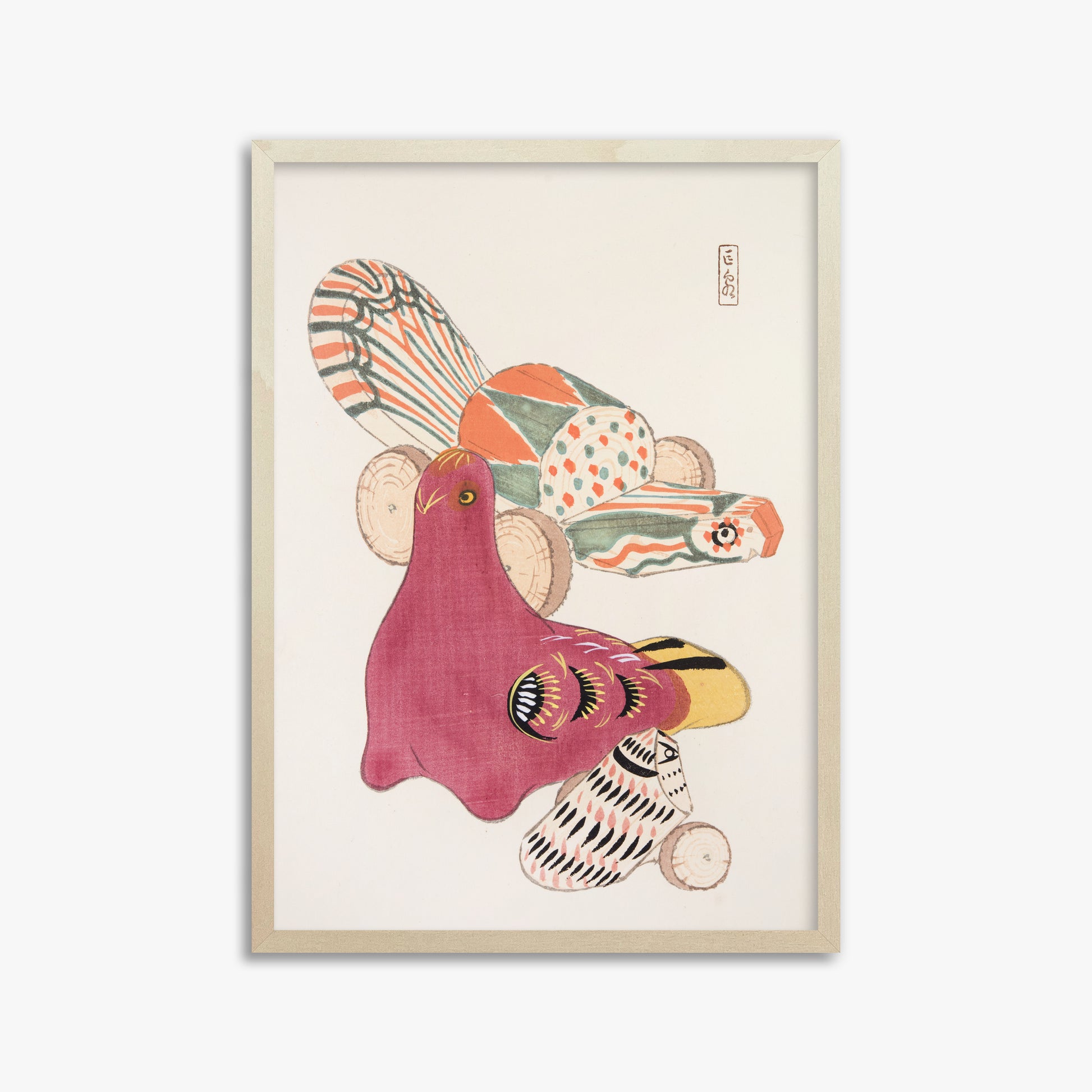 Kawasaki Kyosen: Kyosen’s Collected Illustrations of Japanese Toys Nr. 6 ("Patchwork Bird"), 50x70cm Framed Art Reproduction With Lime Wood Frame