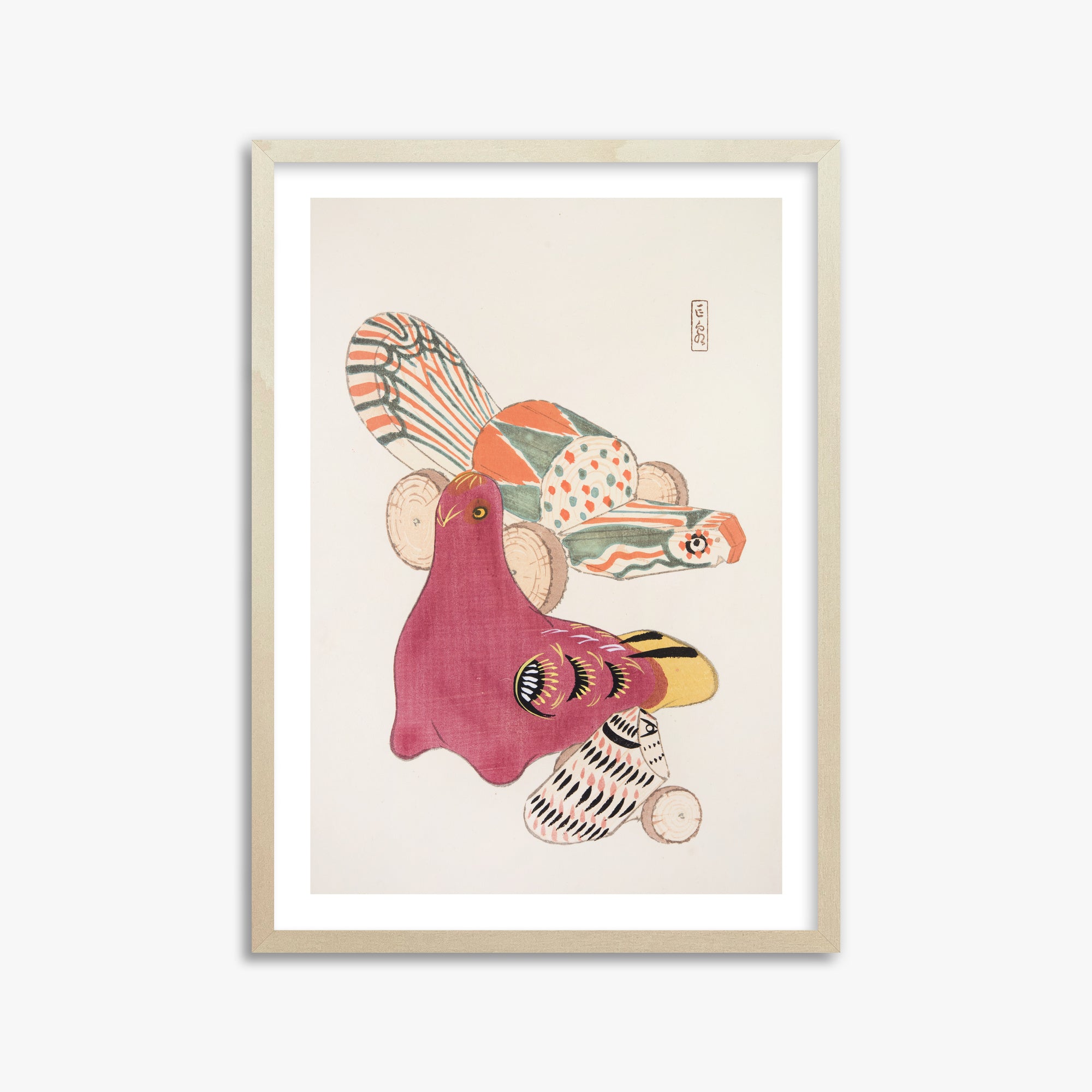 Kawasaki Kyosen: Kyosen’s Collected Illustrations of Japanese Toys Nr. 6 ("Patchwork Bird"), 50x70cm Framed Art Reproduction With Lime Wood Frame