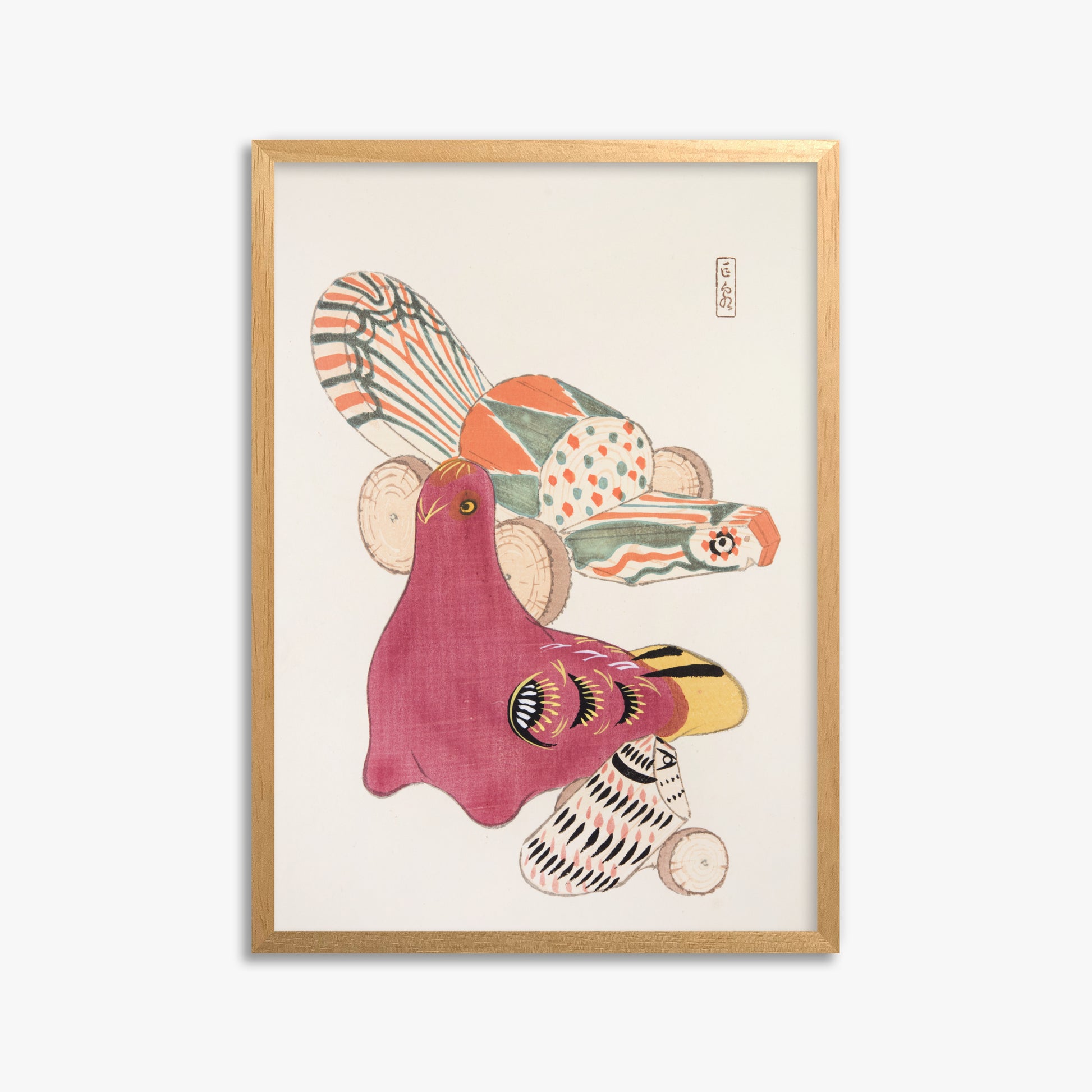 Kawasaki Kyosen: Kyosen’s Collected Illustrations of Japanese Toys Nr. 6 ("Patchwork Bird"), 50x70cm Framed Art Reproduction With Oak Frame
