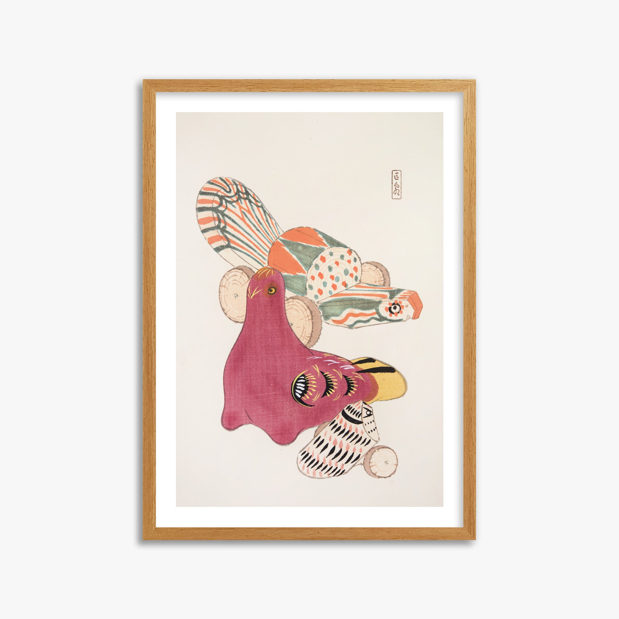 Kawasaki Kyosen: Kyosen’s Collected Illustrations of Japanese Toys Nr. 6 ("Patchwork Bird"), 50x70cm Framed Art Reproduction With Oak Frame