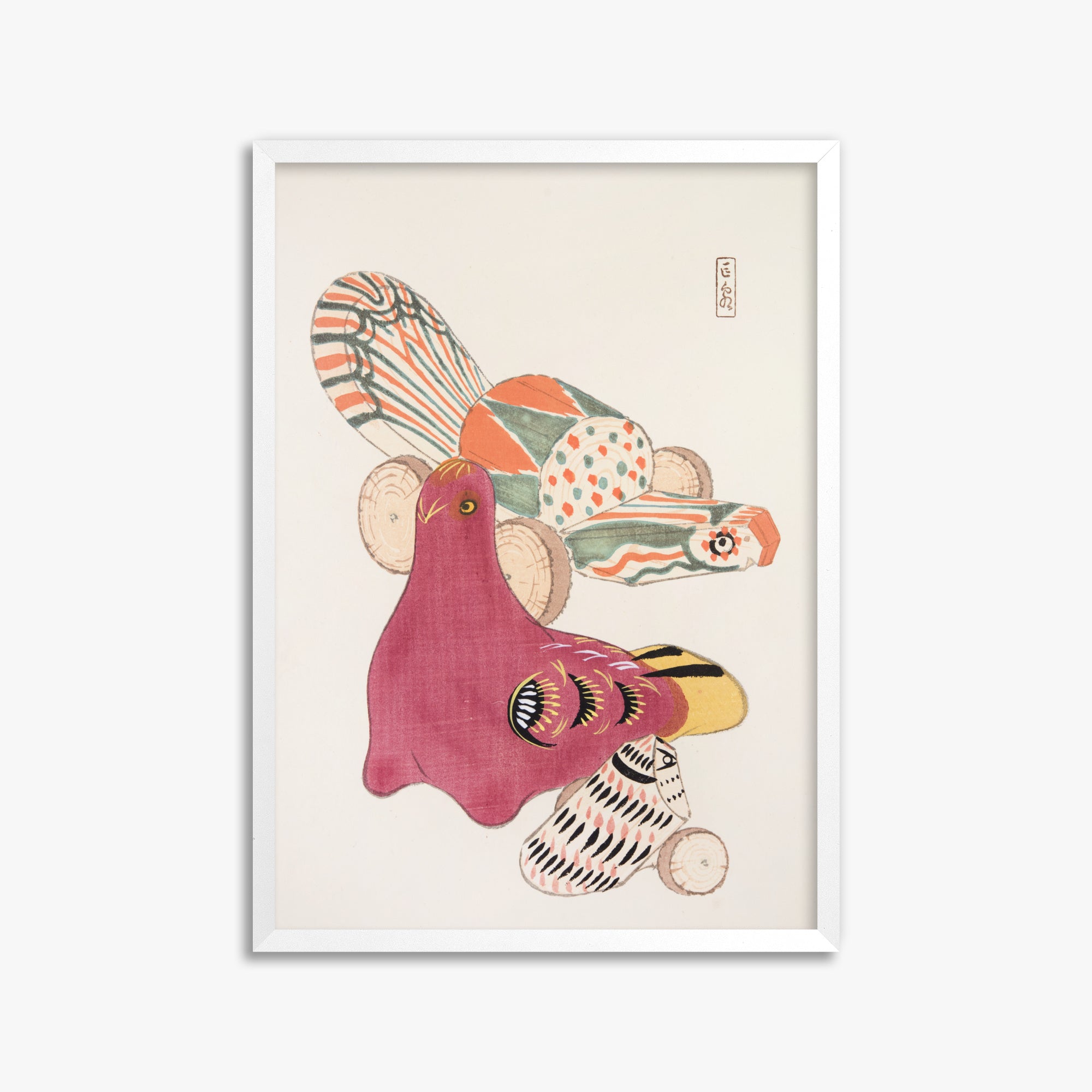 Kawasaki Kyosen: Kyosen’s Collected Illustrations of Japanese Toys Nr. 6 ("Patchwork Bird"), 50x70cm Framed Art Reproduction With White Frame