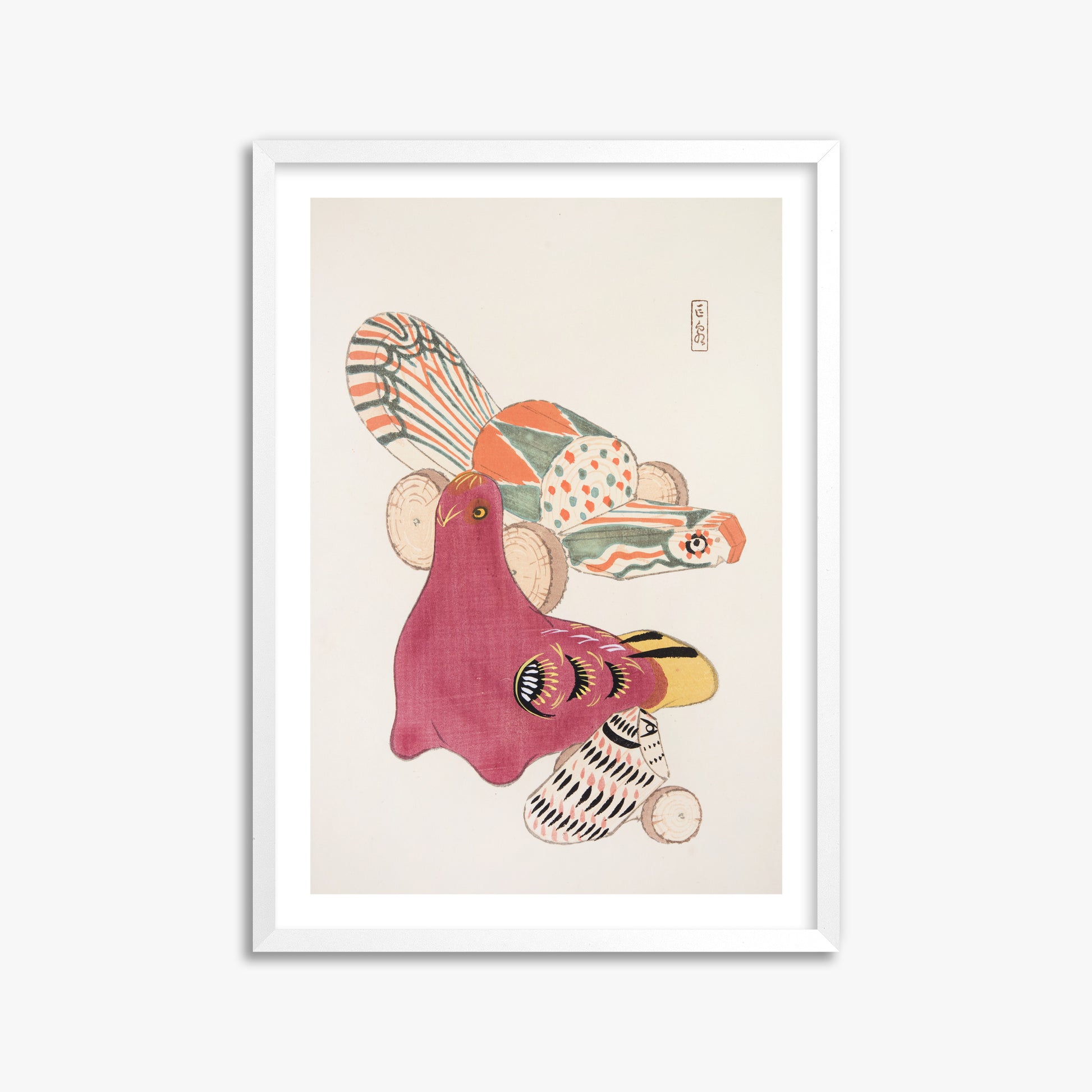 Kawasaki Kyosen: Kyosen’s Collected Illustrations of Japanese Toys Nr. 6 ("Patchwork Bird"), 50x70cm Framed Art Reproduction With White Frame