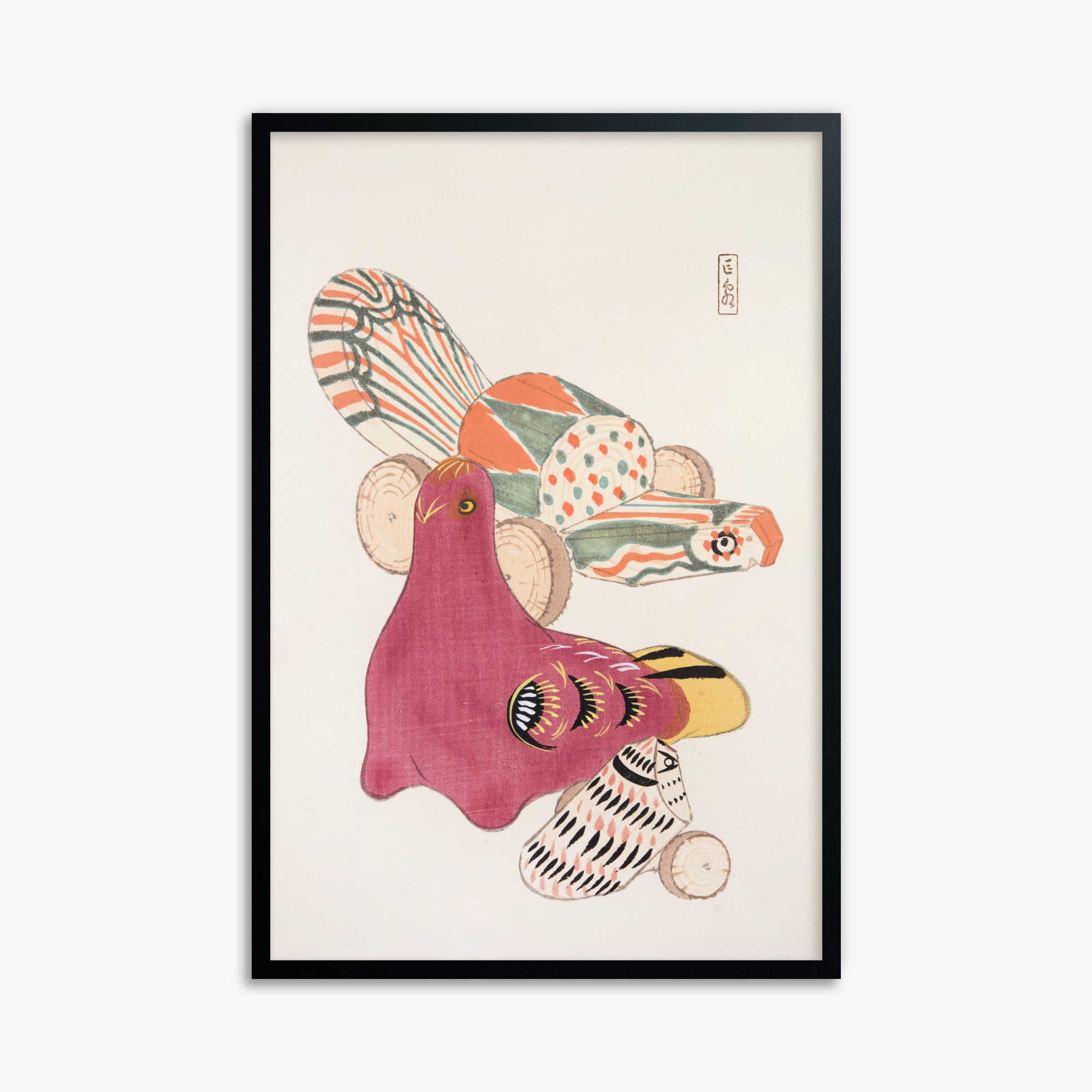 Kawasaki Kyosen: Kyosen’s Collected Illustrations of Japanese Toys Nr. 6 ("Patchwork Bird"), 61x91cm Framed Art Reproduction With Black Frame