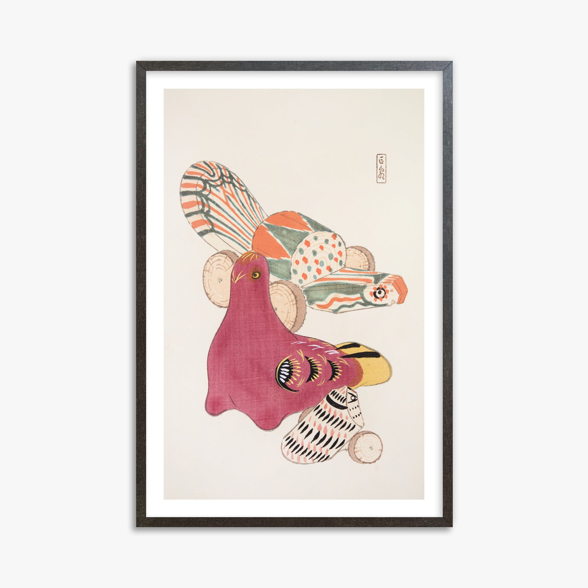 Kawasaki Kyosen: Kyosen’s Collected Illustrations of Japanese Toys Nr. 6 ("Patchwork Bird"), 61x91cm Framed Art Reproduction With Espresso Frame