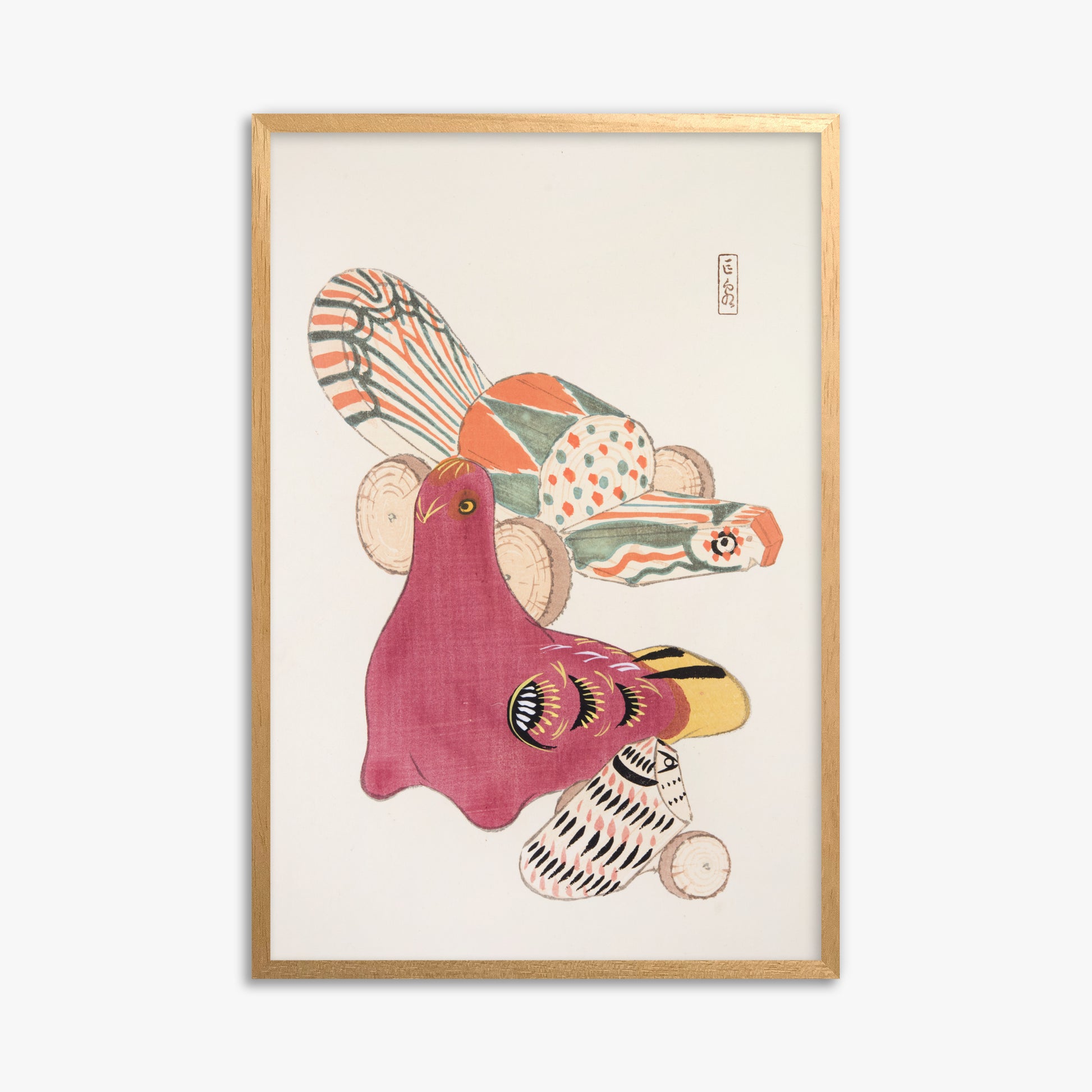 Kawasaki Kyosen: Kyosen’s Collected Illustrations of Japanese Toys Nr. 6 ("Patchwork Bird"), 61x91cm Framed Art Reproduction With Oak Frame