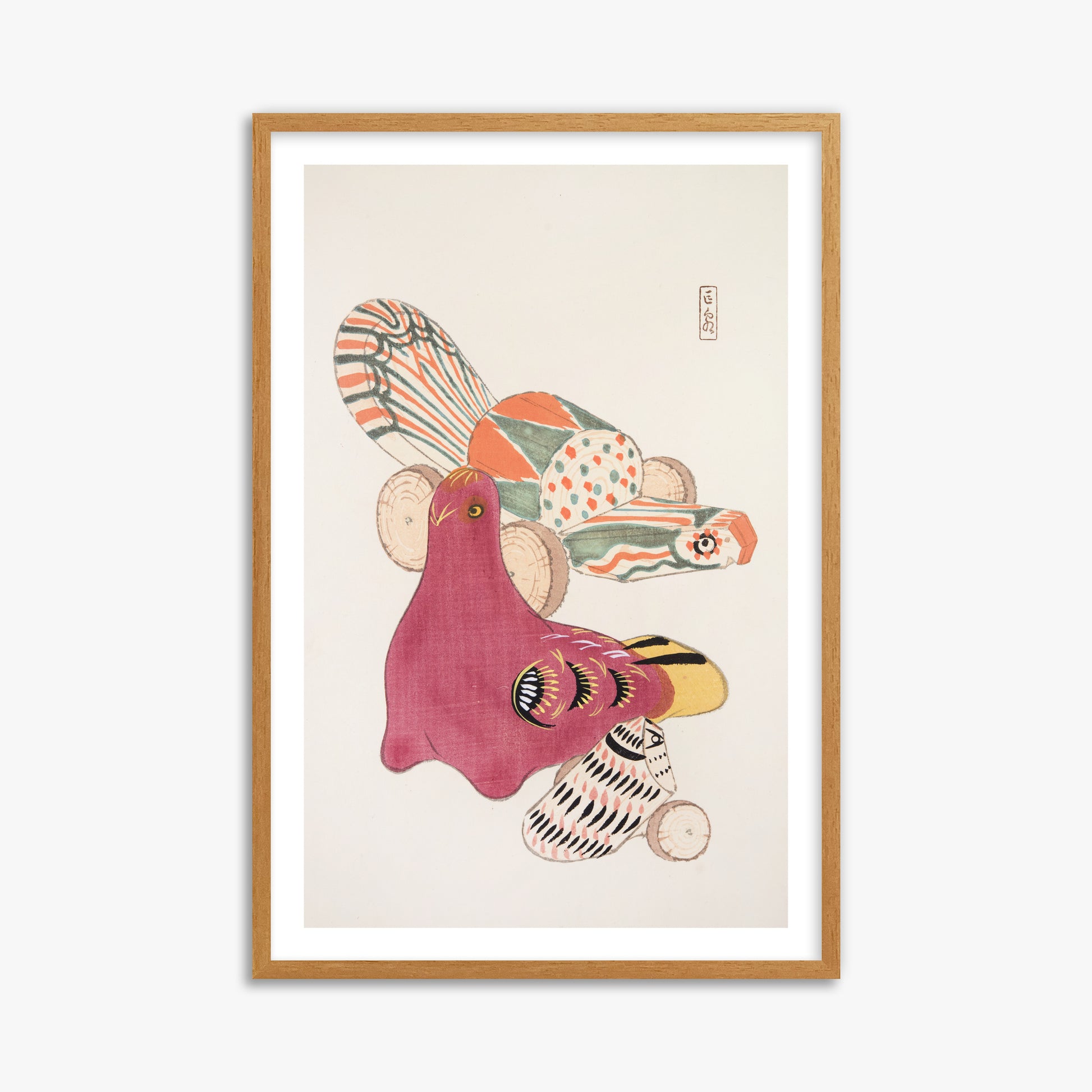 Kawasaki Kyosen: Kyosen’s Collected Illustrations of Japanese Toys Nr. 6 ("Patchwork Bird"), 61x91cm Framed Art Reproduction With Oak Frame