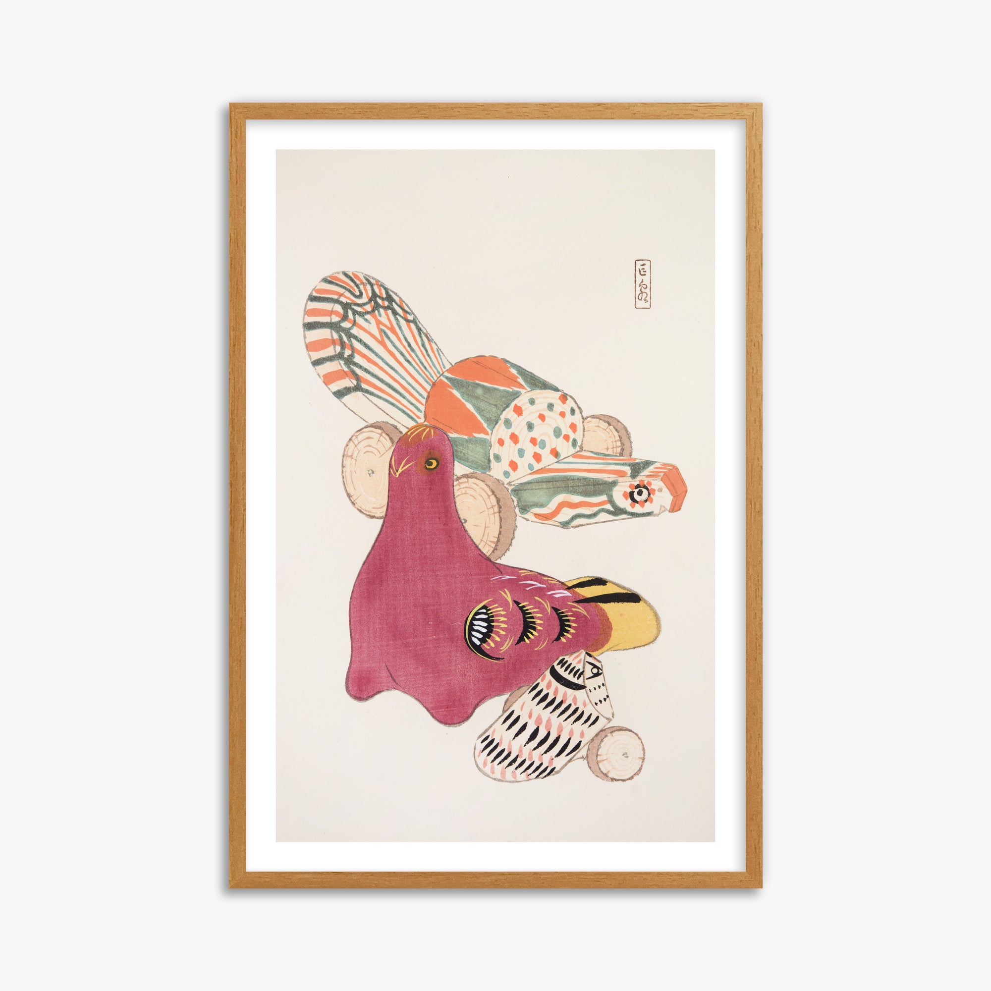 Kawasaki Kyosen: Kyosen’s Collected Illustrations of Japanese Toys Nr. 6 ("Patchwork Bird"), 61x91cm Framed Art Reproduction With Oak Frame