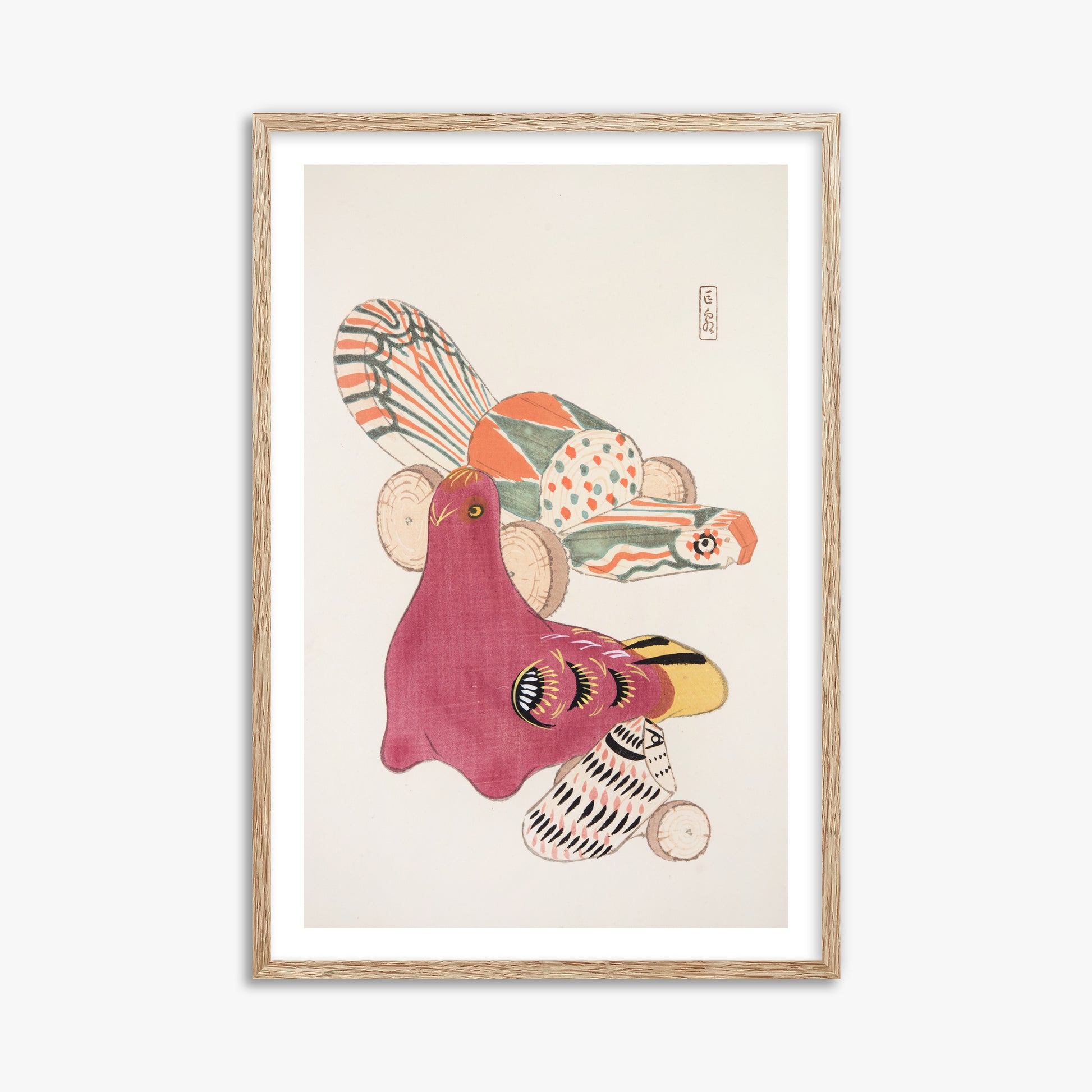 Kawasaki Kyosen: Kyosen’s Collected Illustrations of Japanese Toys Nr. 6 ("Patchwork Bird"), 61x91cm Framed Art Reproduction With Raw Oak Frame