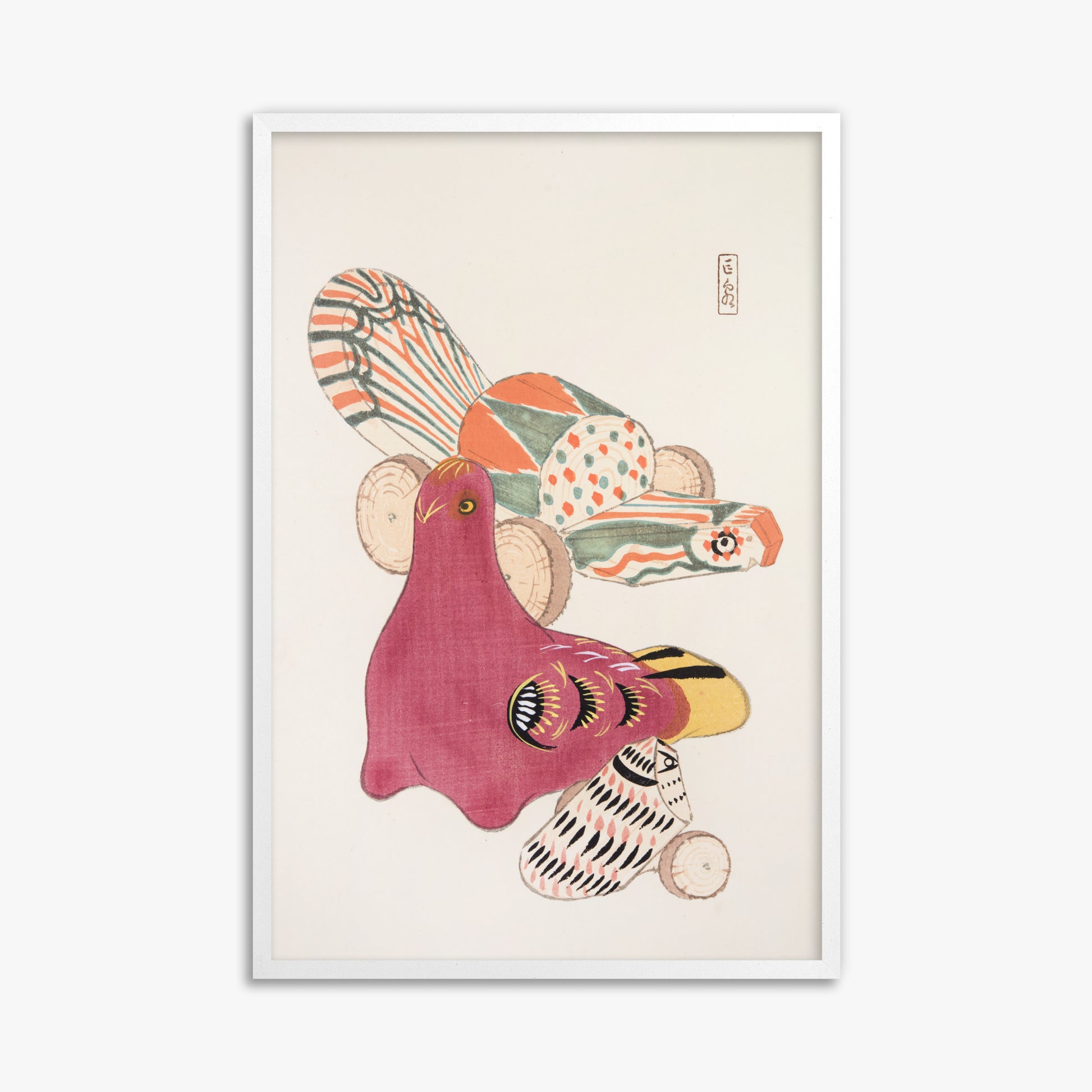 Kawasaki Kyosen: Kyosen’s Collected Illustrations of Japanese Toys Nr. 6 ("Patchwork Bird"), 61x91cm Framed Art Reproduction With White Frame