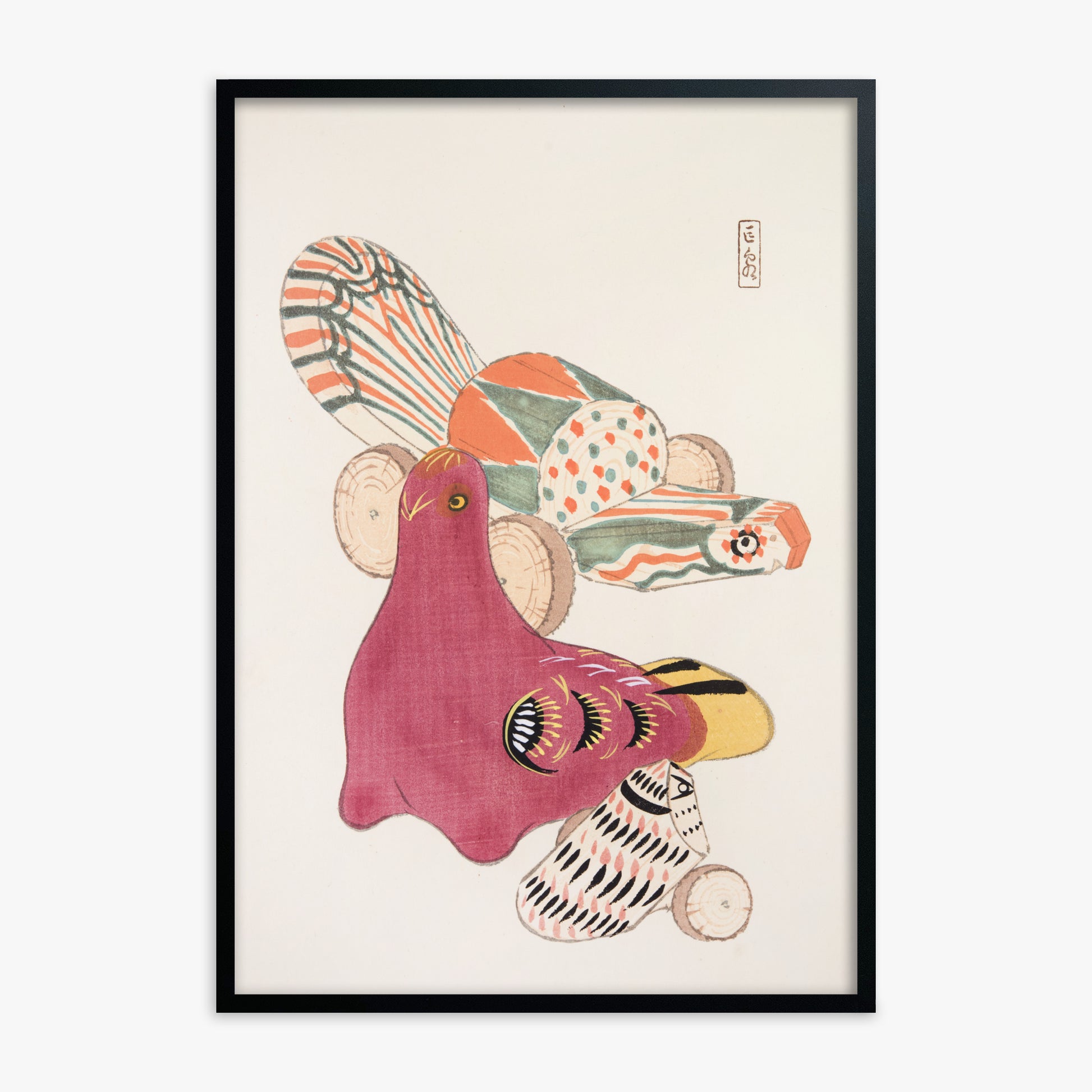 Kawasaki Kyosen: Kyosen’s Collected Illustrations of Japanese Toys Nr. 6 ("Patchwork Bird"), Black Framed Art Reproduction With Black Frame