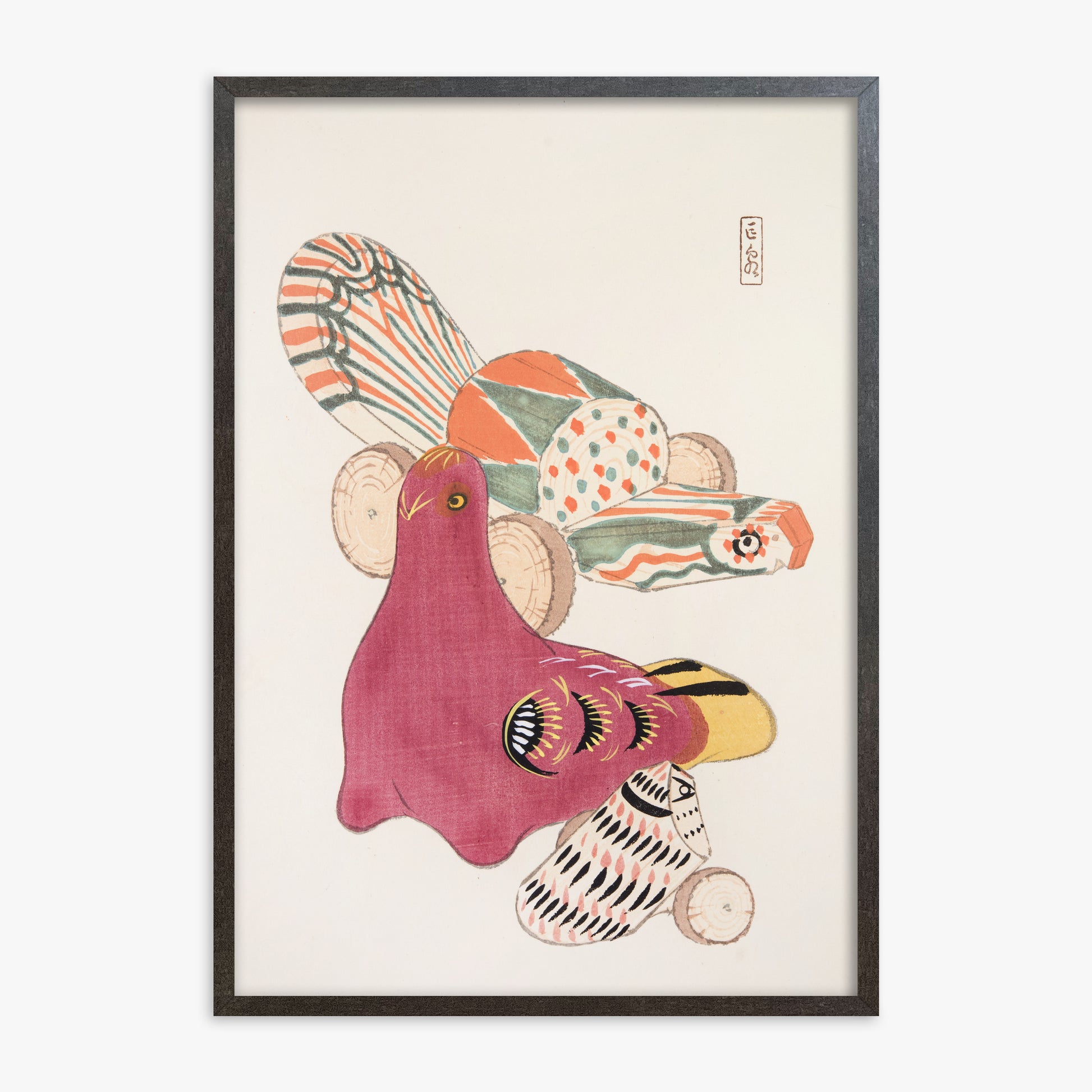 Kawasaki Kyosen: Kyosen’s Collected Illustrations of Japanese Toys Nr. 6 ("Patchwork Bird"), 70x100cm Framed Art Reproduction With Espresso Frame