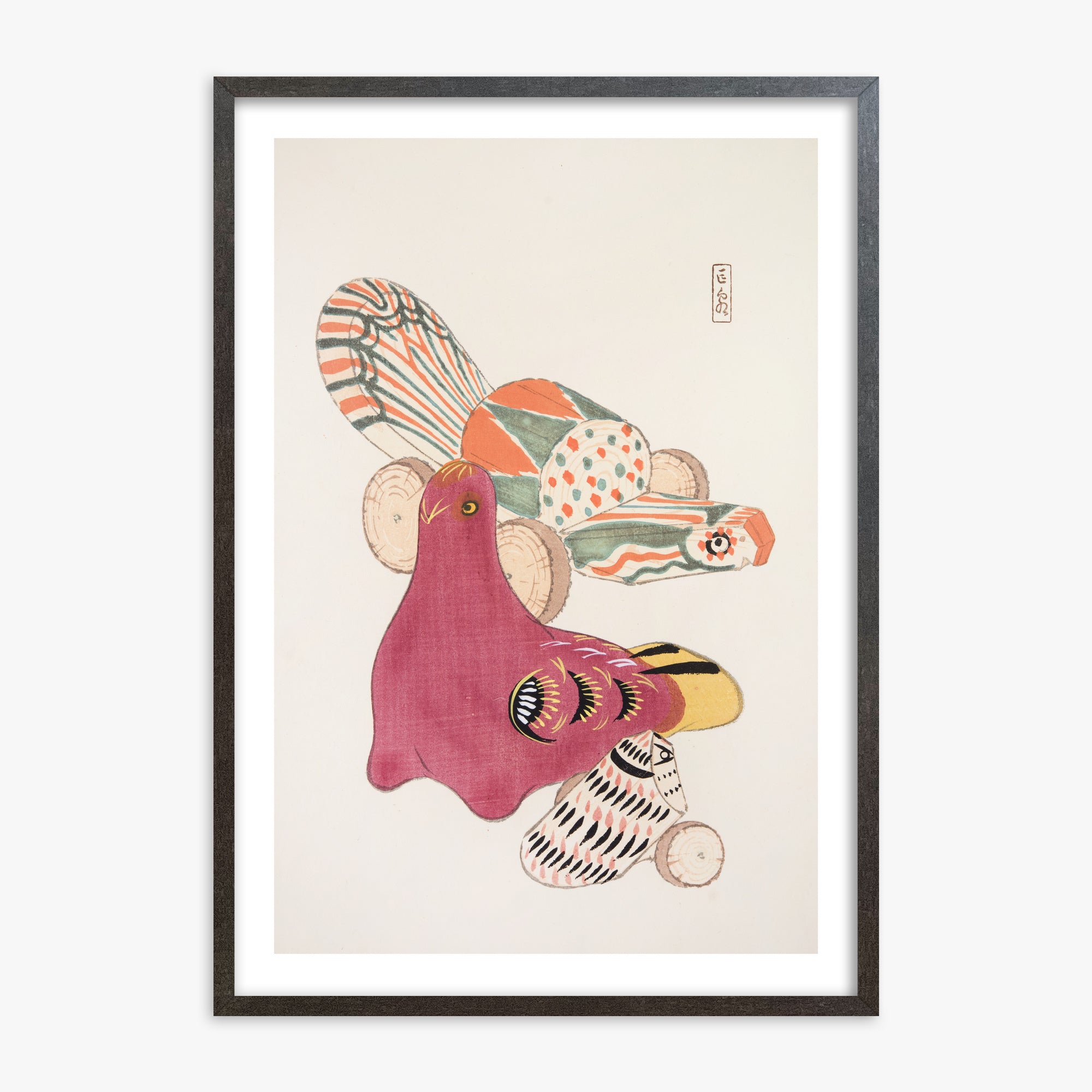 Kawasaki Kyosen: Kyosen’s Collected Illustrations of Japanese Toys Nr. 6 ("Patchwork Bird"), 70x100cm Framed Art Reproduction With Espresso Frame