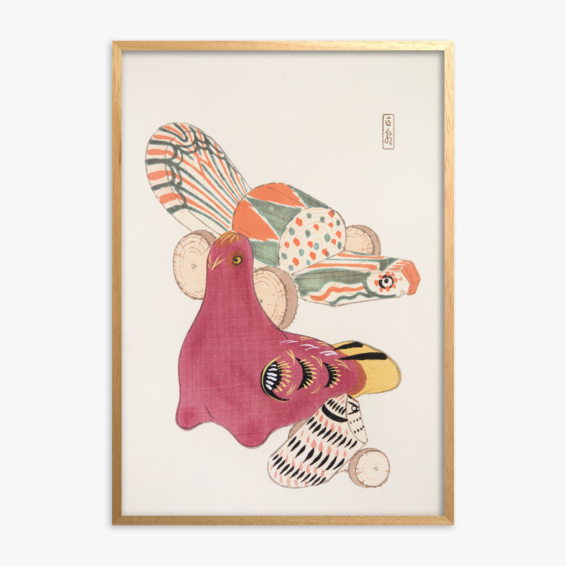 Kawasaki Kyosen: Kyosen’s Collected Illustrations of Japanese Toys Nr. 6 ("Patchwork Bird"), Oak Framed Art Reproduction With Oak Frame