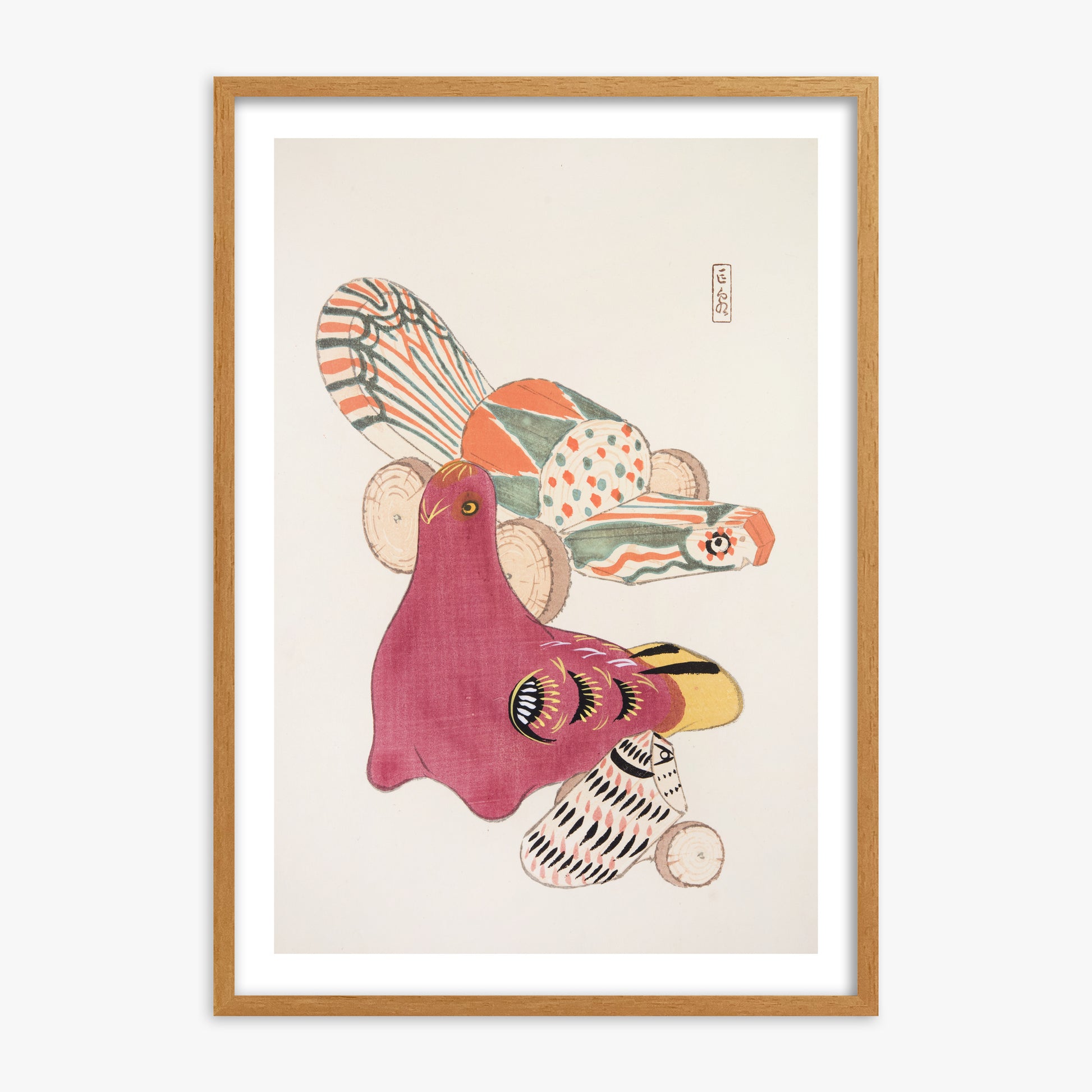 Kawasaki Kyosen: Kyosen’s Collected Illustrations of Japanese Toys Nr. 6 ("Patchwork Bird"), 70x100cm Framed Art Reproduction With Oak Frame