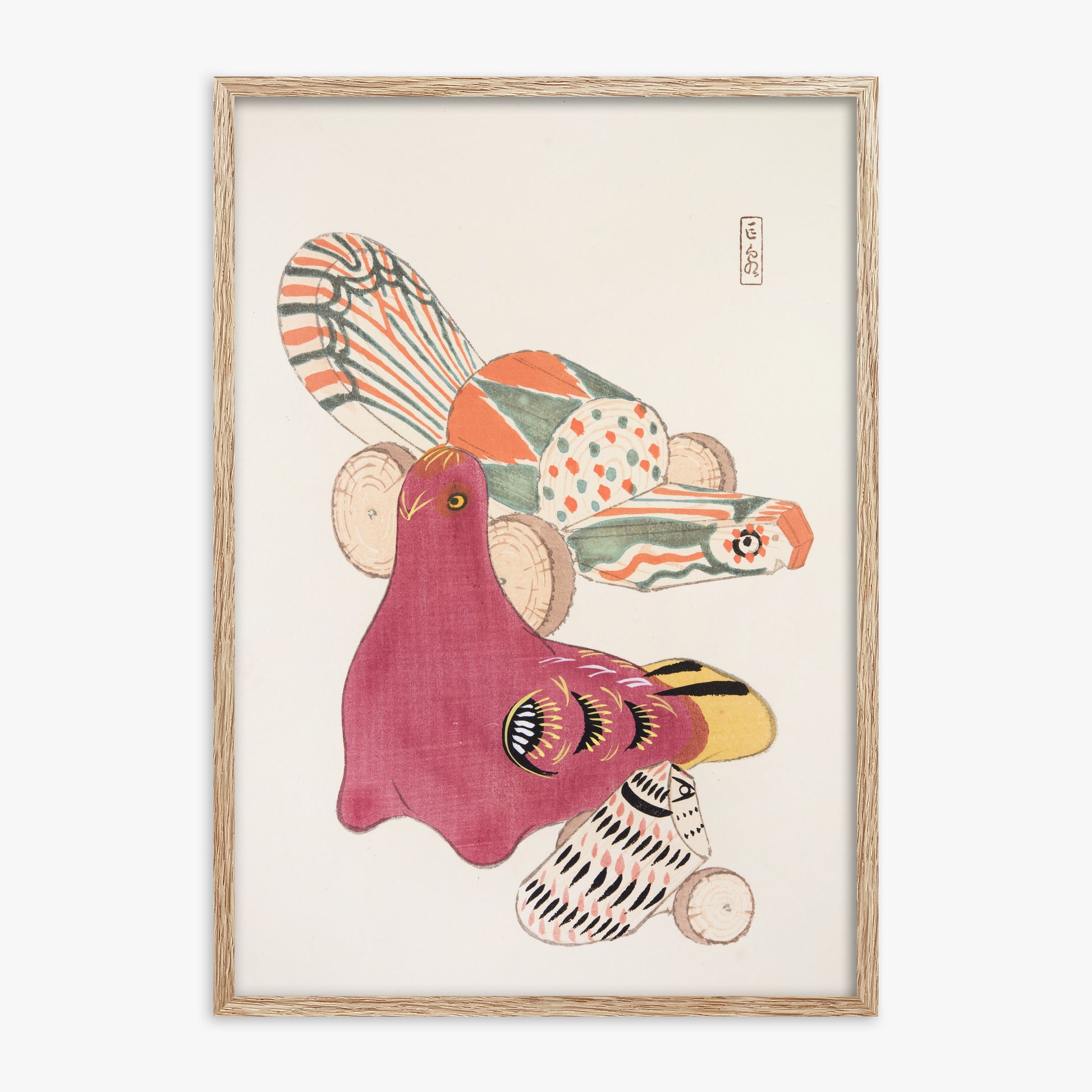 Kawasaki Kyosen: Kyosen’s Collected Illustrations of Japanese Toys Nr. 6 ("Patchwork Bird"), 70x100cm Framed Art Reproduction With Raw Oak Frame