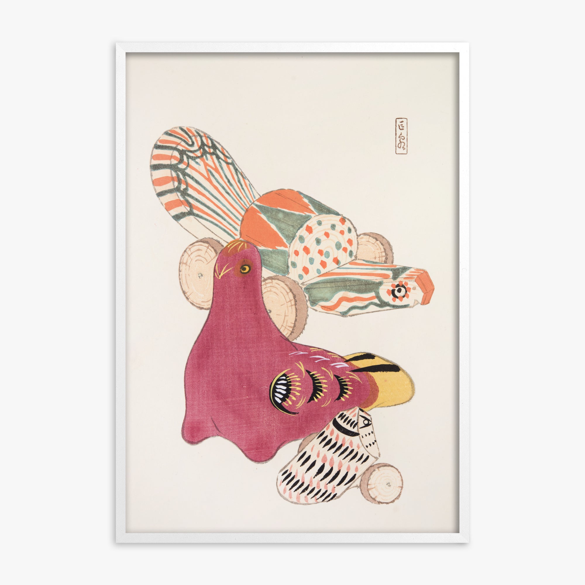 Kawasaki Kyosen: Kyosen’s Collected Illustrations of Japanese Toys Nr. 6 ("Patchwork Bird"), White Framed Art Reproduction With White Frame