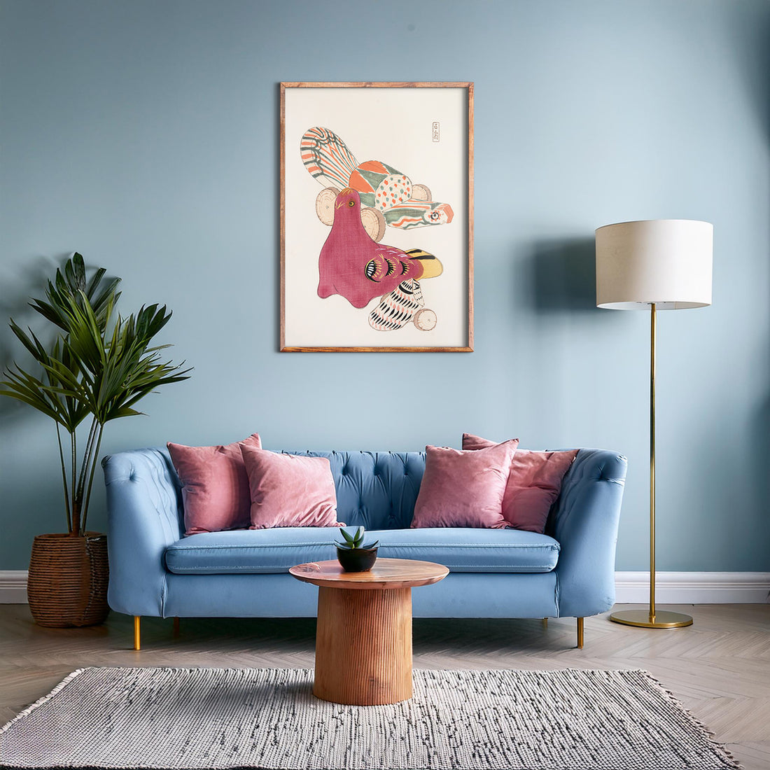 Kawasaki Kyosen: Kyosen’s Collected Illustrations of Japanese Toys Nr. 6 ("Patchwork Bird"), 50x70cm Framed Art Reproduction With Black Frame