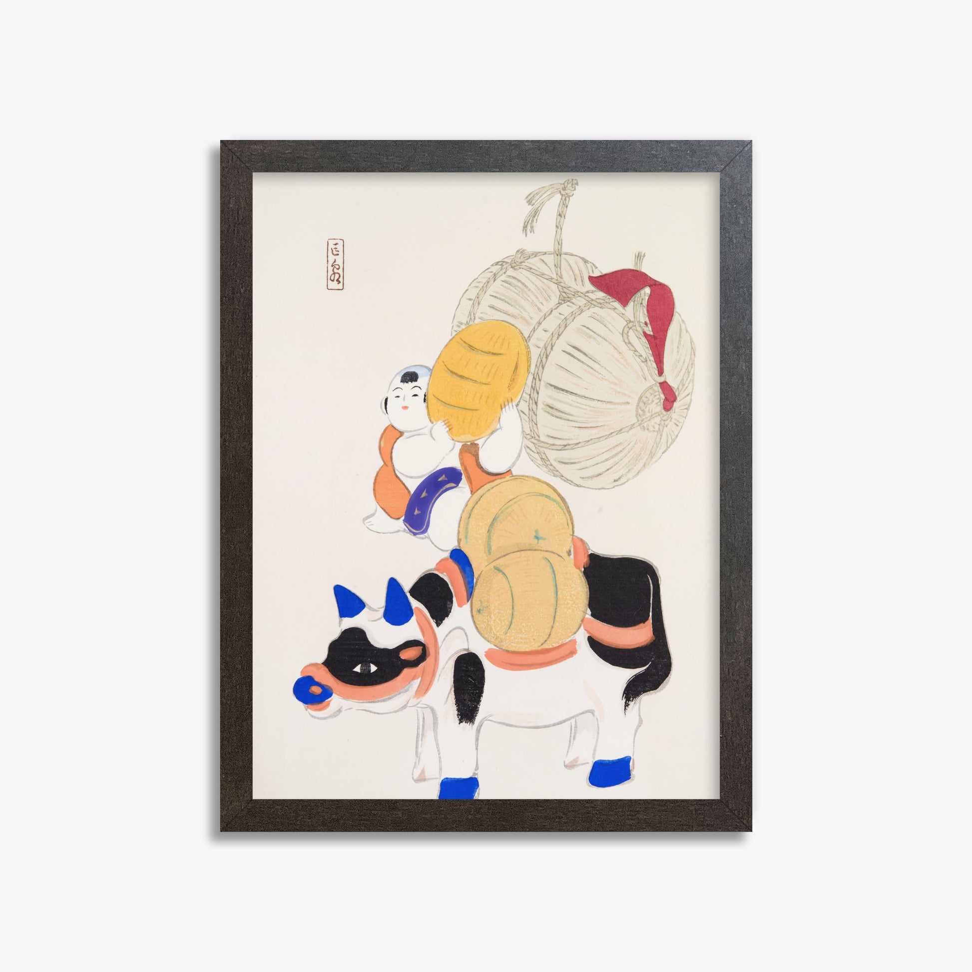 Kawasaki Kyosen: Kyosen’s Collected Illustrations of Japanese Toys Nr. 7 ("Harvest Journey"), 30x40cm Framed Art Reproduction With Espresso Frame