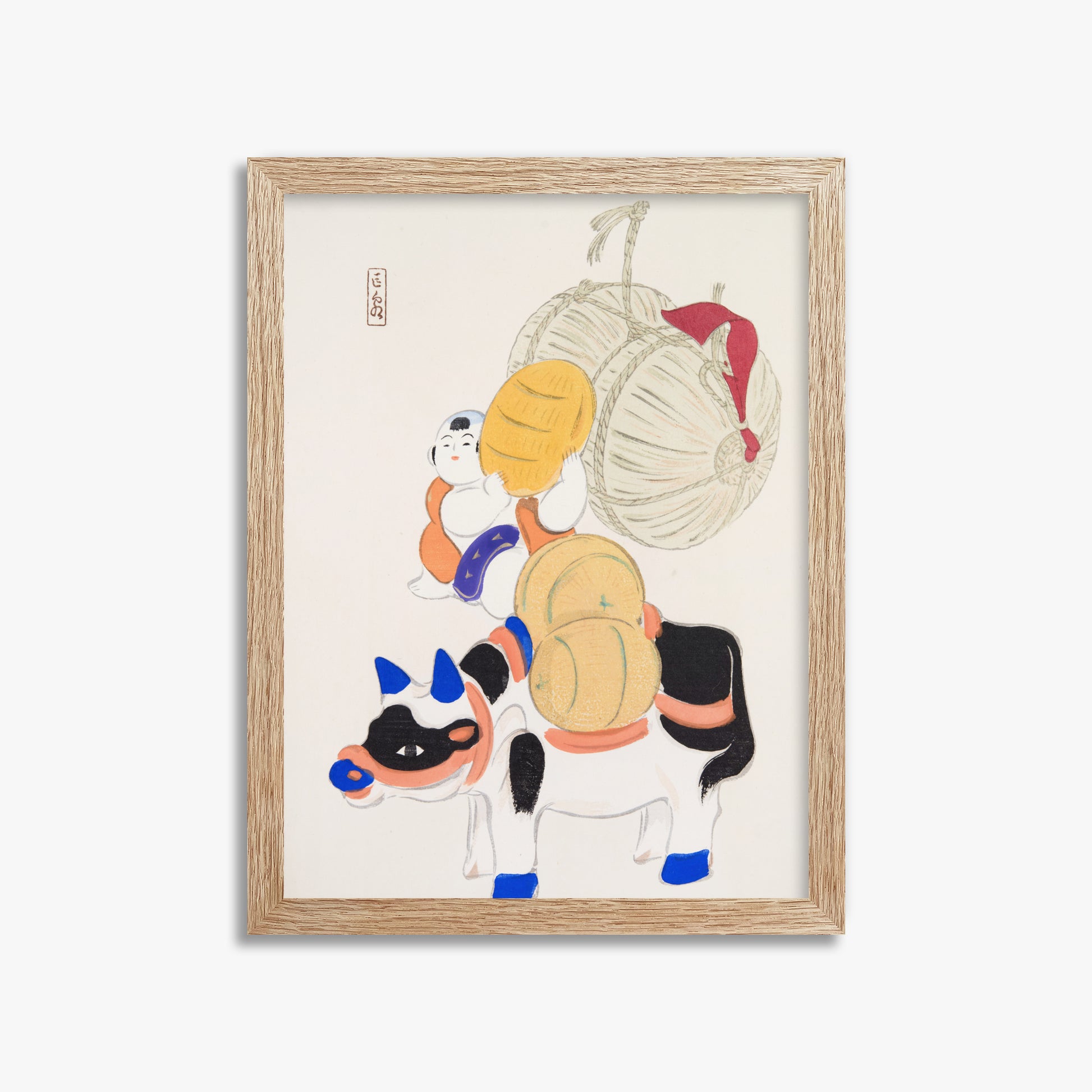 Kawasaki Kyosen: Kyosen’s Collected Illustrations of Japanese Toys Nr. 7 ("Harvest Journey"), 30x40cm Framed Art Reproduction With Raw Oak Frame