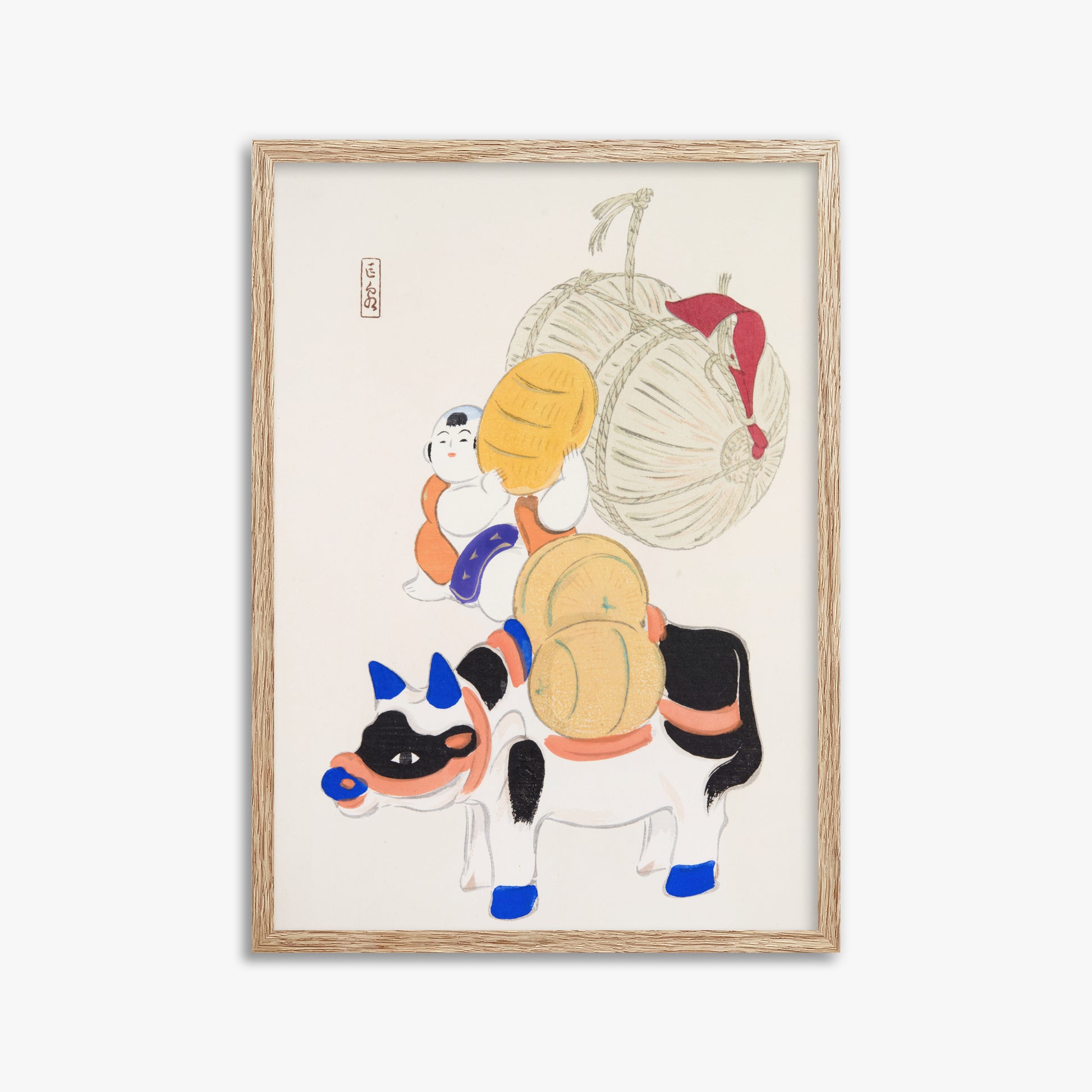 Kawasaki Kyosen: Kyosen’s Collected Illustrations of Japanese Toys Nr. 7 ("Harvest Journey"), 50x70cm Framed Art Reproduction With Raw Oak Frame