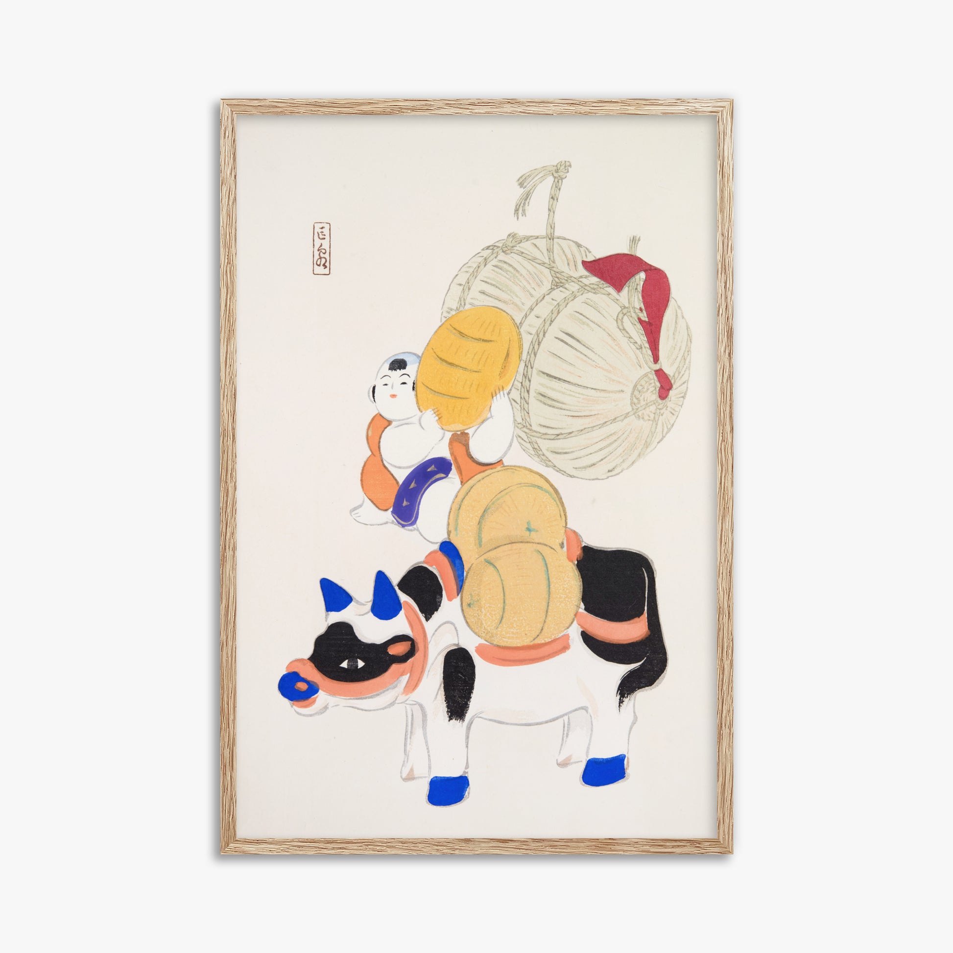Kawasaki Kyosen: Kyosen’s Collected Illustrations of Japanese Toys Nr. 7 ("Harvest Journey"), 61x91cm Framed Art Reproduction With Raw Oak Frame