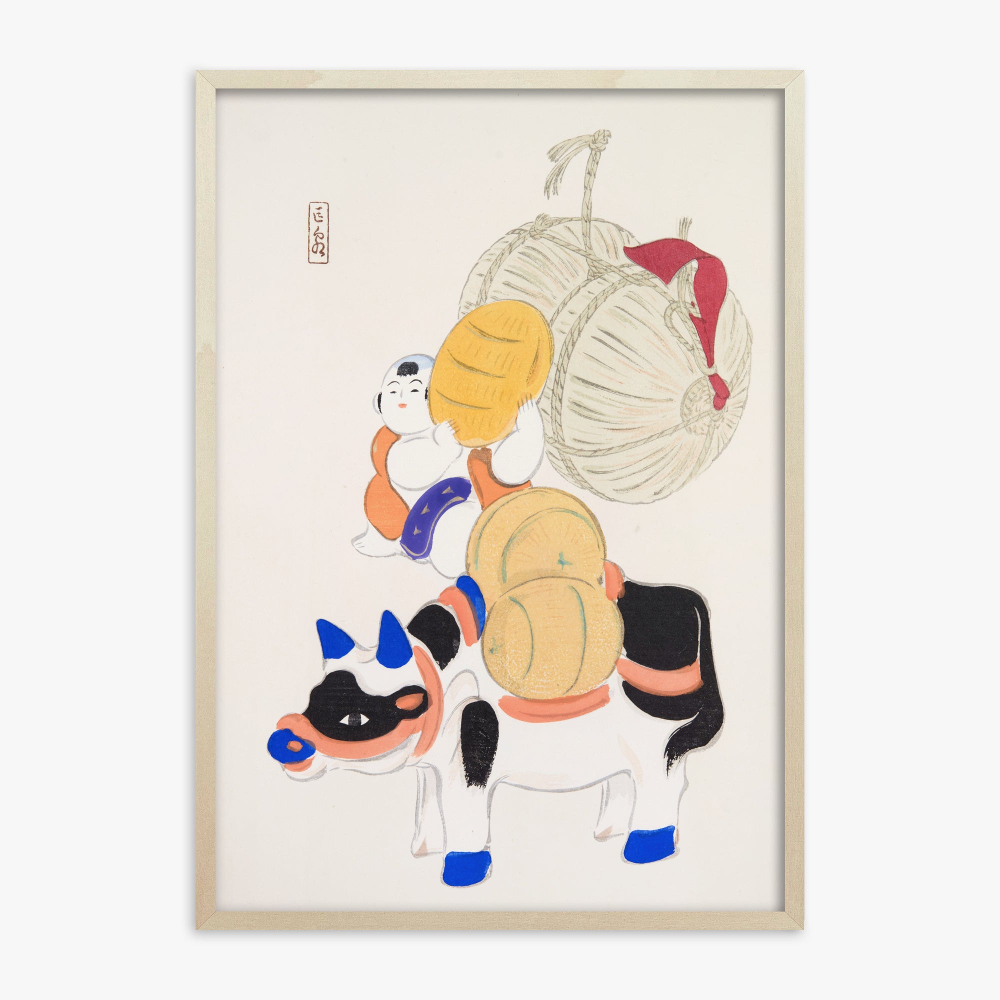 Kawasaki Kyosen: Kyosen’s Collected Illustrations of Japanese Toys Nr. 7 ("Harvest Journey"), 70x100cm Framed Art Reproduction With Lime Wood Frame
