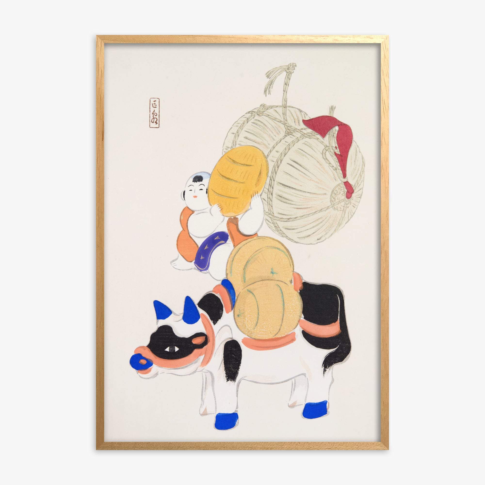 Kawasaki Kyosen: Kyosen’s Collected Illustrations of Japanese Toys Nr. 7 ("Harvest Journey"), Oak Framed Art Reproduction With Oak Frame