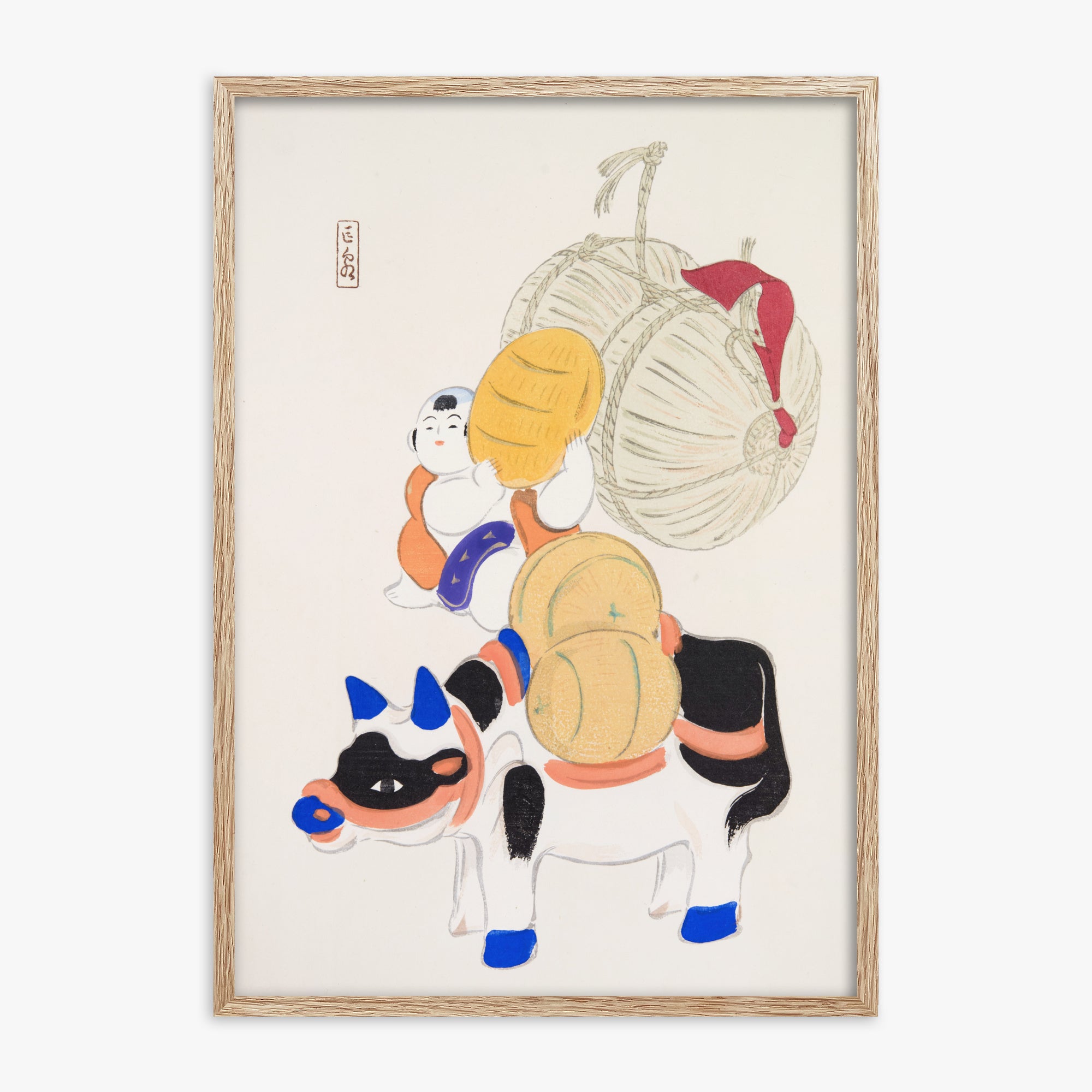 Kawasaki Kyosen: Kyosen’s Collected Illustrations of Japanese Toys Nr. 7 ("Harvest Journey"), 70x100cm Framed Art Reproduction With Raw Oak Frame
