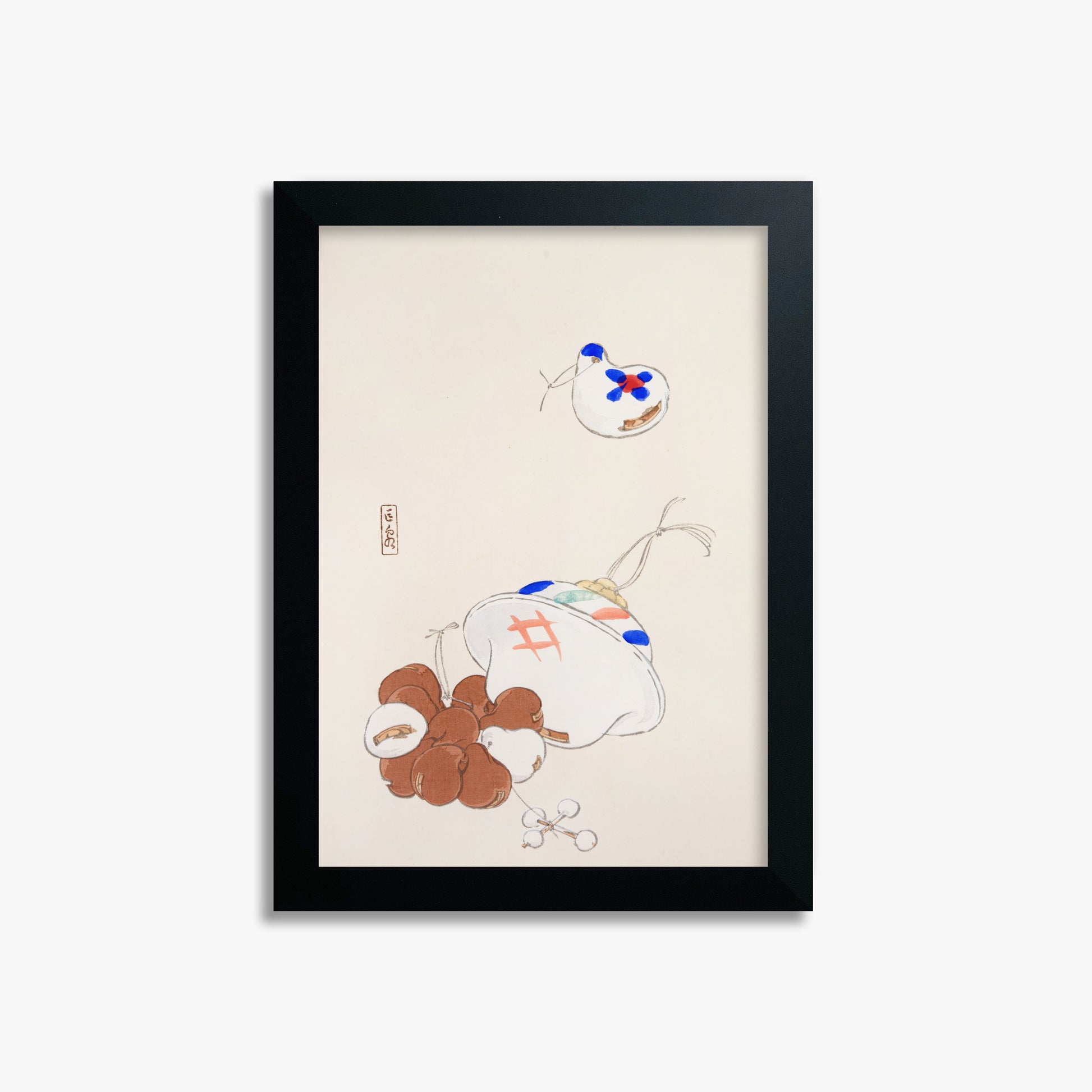 Kawasaki Kyosen: Kyosen’s Collected Illustrations of Japanese Toys Nr. 8 ("Zen Garden Treasures"), 21x30cm Framed Art Reproduction With Black Frame
