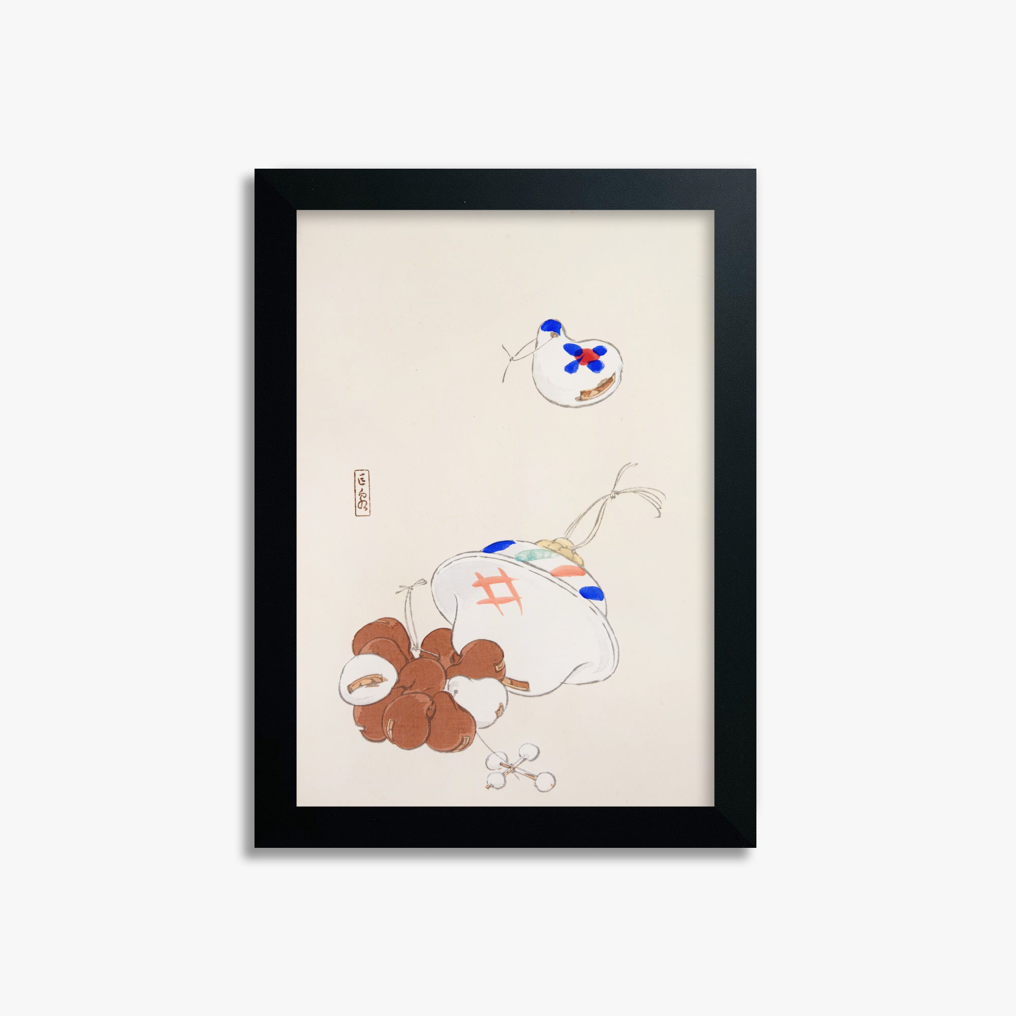Kawasaki Kyosen: Kyosen’s Collected Illustrations of Japanese Toys Nr. 8 ("Zen Garden Treasures"), 21x30cm Framed Art Reproduction With Black Frame