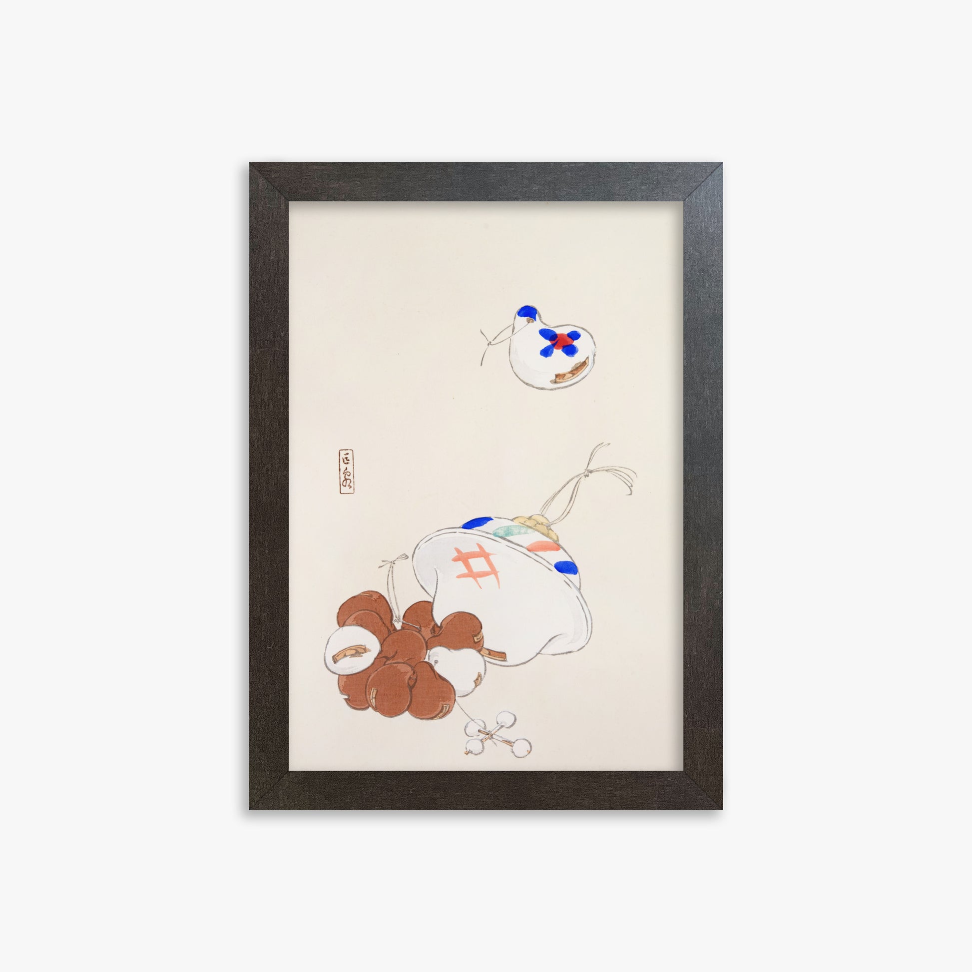 Kawasaki Kyosen: Kyosen’s Collected Illustrations of Japanese Toys Nr. 8 ("Zen Garden Treasures"), 21x30cm Framed Art Reproduction With Espresso Frame