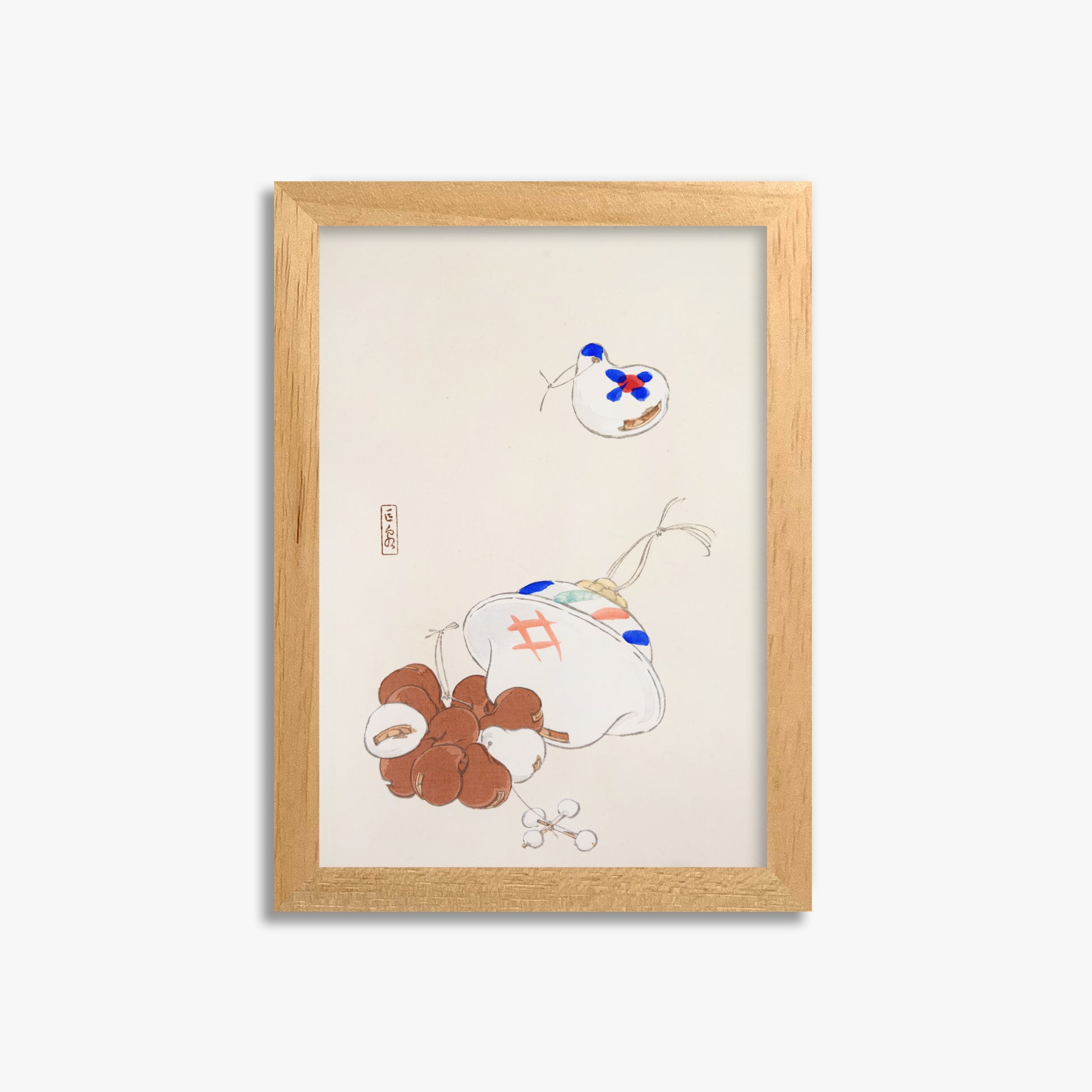 Kawasaki Kyosen: Kyosen’s Collected Illustrations of Japanese Toys Nr. 8 ("Zen Garden Treasures"), 21x30cm Framed Art Reproduction With Oak Frame