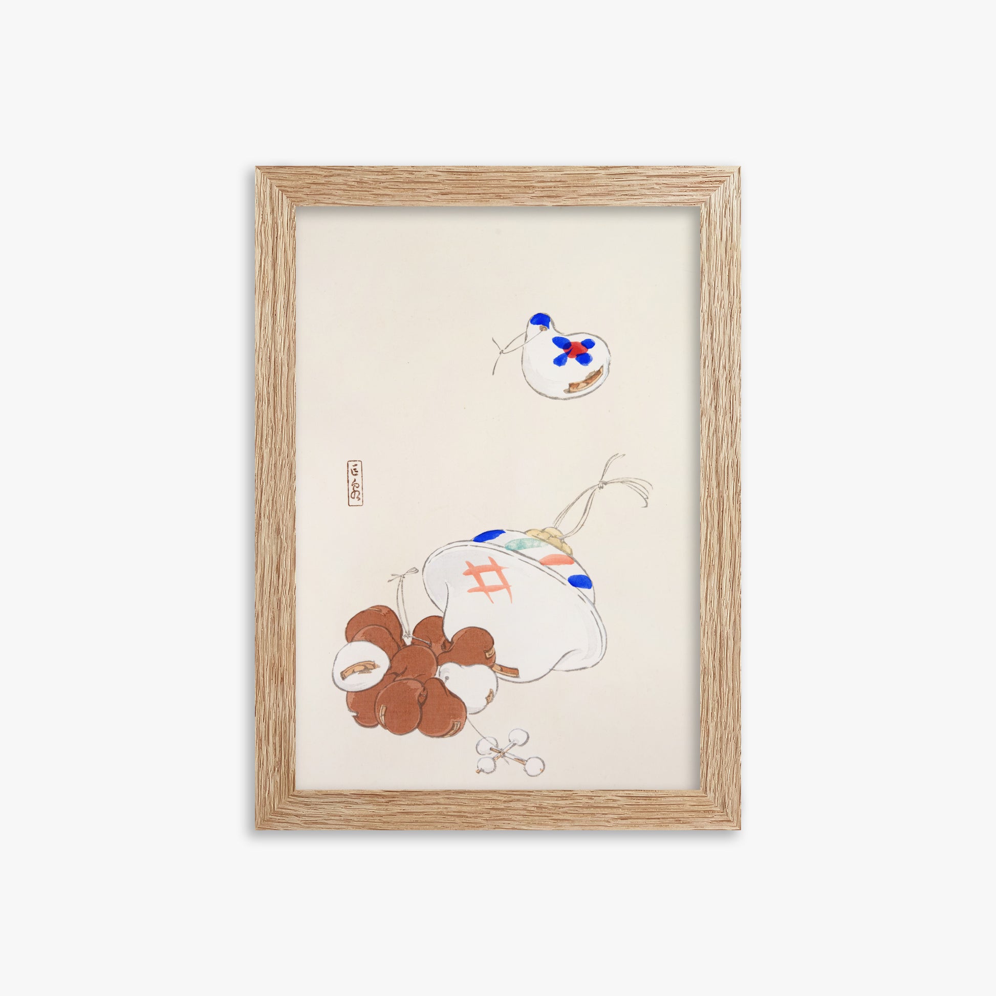 Kawasaki Kyosen: Kyosen’s Collected Illustrations of Japanese Toys Nr. 8 ("Zen Garden Treasures"), 21x30cm Framed Art Reproduction With Raw Oak Frame