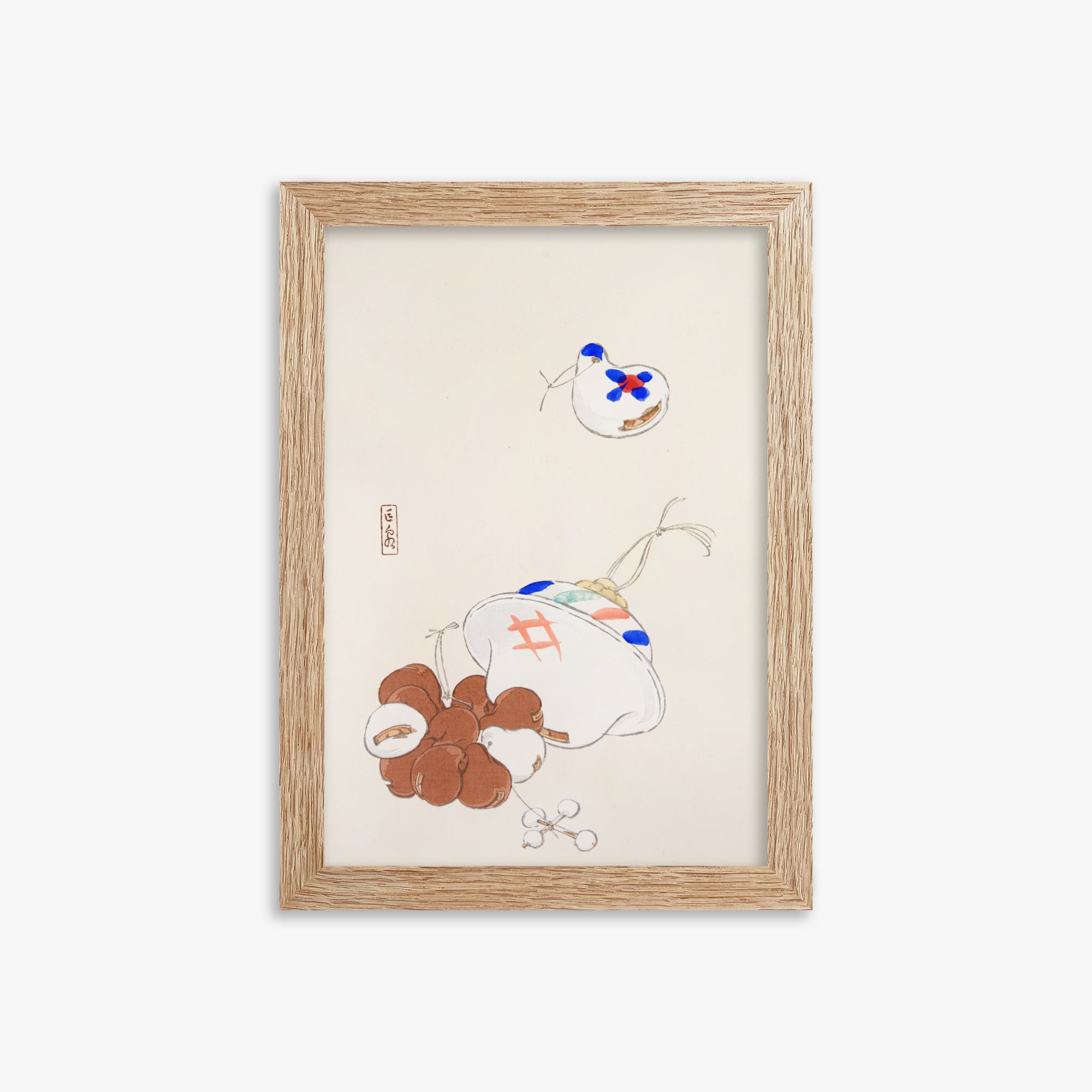 Kawasaki Kyosen: Kyosen’s Collected Illustrations of Japanese Toys Nr. 8 ("Zen Garden Treasures"), 21x30cm Framed Art Reproduction With Raw Oak Frame