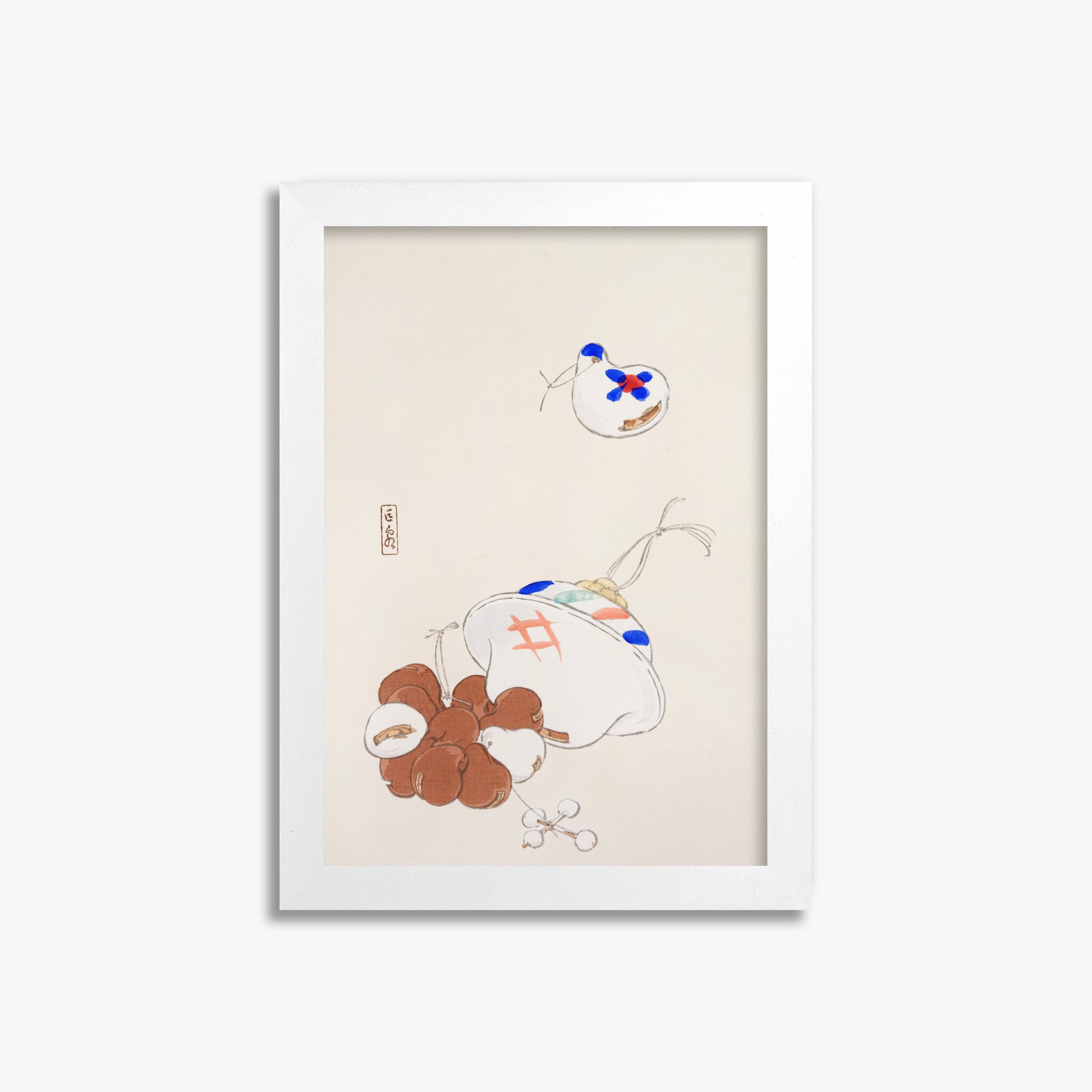 Kawasaki Kyosen: Kyosen’s Collected Illustrations of Japanese Toys Nr. 8 ("Zen Garden Treasures"), 21x30cm Framed Art Reproduction With White Frame
