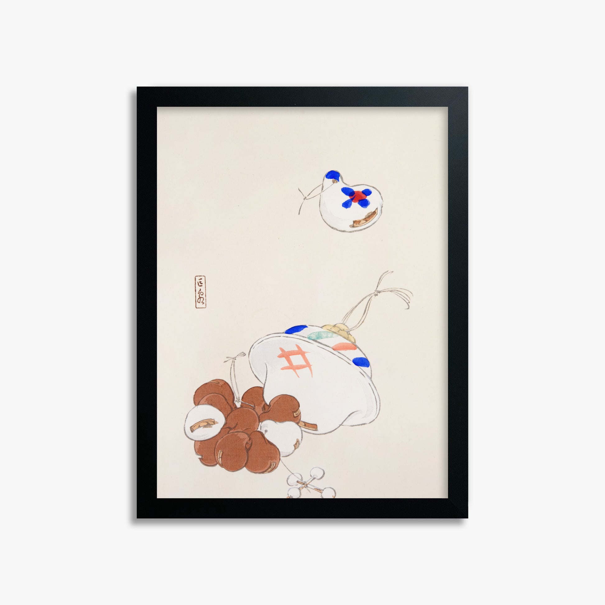 Kawasaki Kyosen: Kyosen’s Collected Illustrations of Japanese Toys Nr. 8 ("Zen Garden Treasures"), 30x40cm Framed Art Reproduction With Black Frame