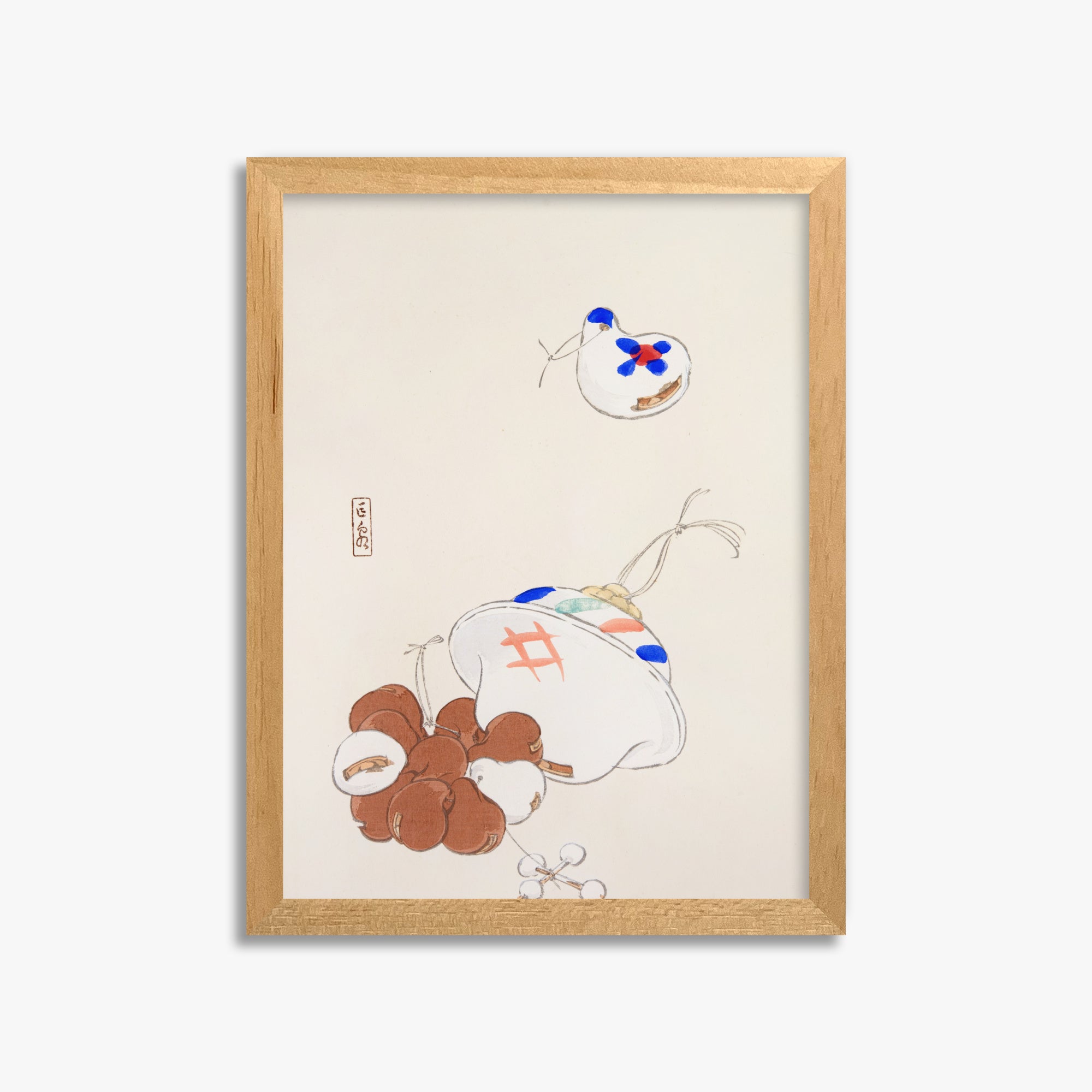 Kawasaki Kyosen: Kyosen’s Collected Illustrations of Japanese Toys Nr. 8 ("Zen Garden Treasures"), 30x40cm Framed Art Reproduction With Oak Frame